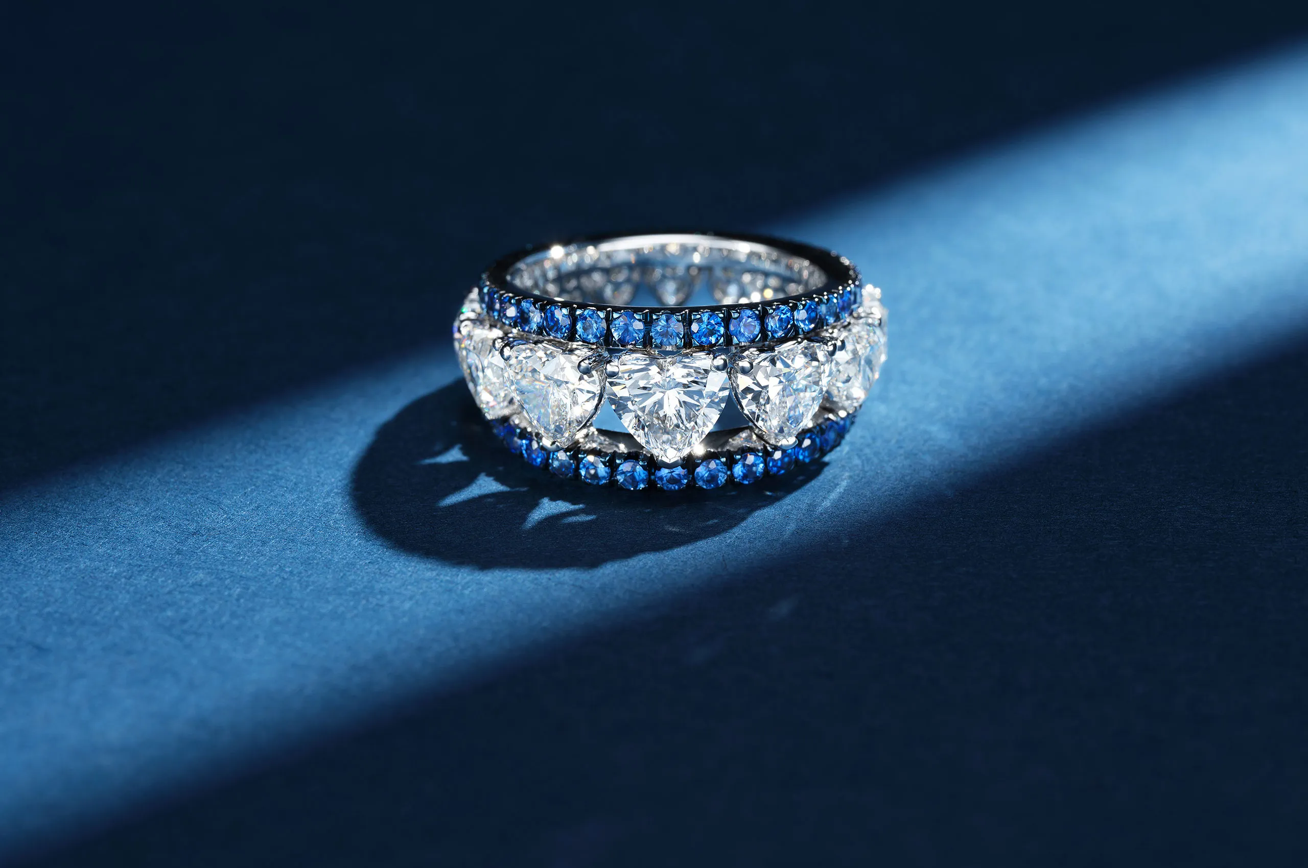 The Oriental Night High Jewellery ring pairs Recarlo’s signature heart-cut diamonds with blue sapphires