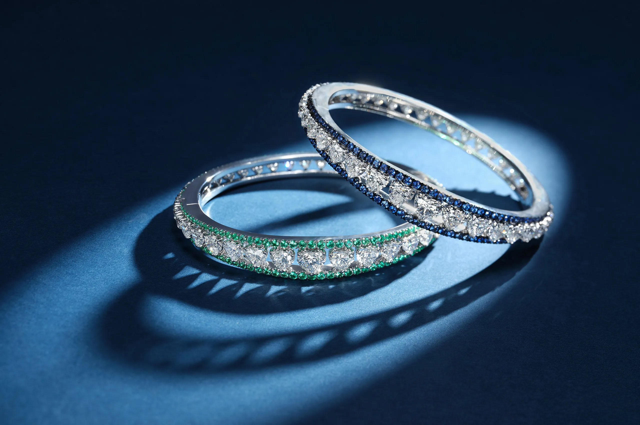 Recarlo's Oriental Night High Jewellery heart-shaped diamond bracelets with blue sapphires and emeralds