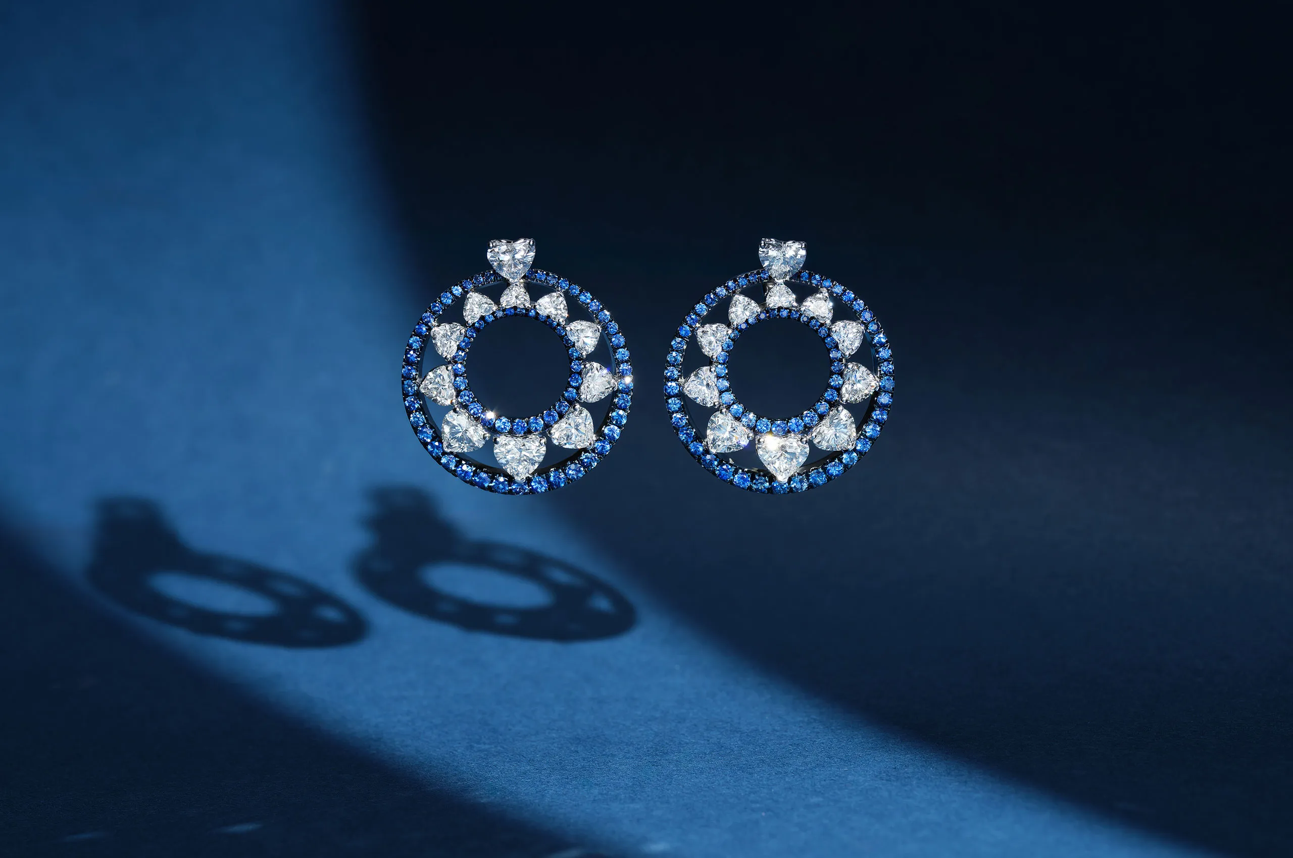Recarlo Oriental Night High Jewellery heart-shaped diamond earrings with blue sapphires