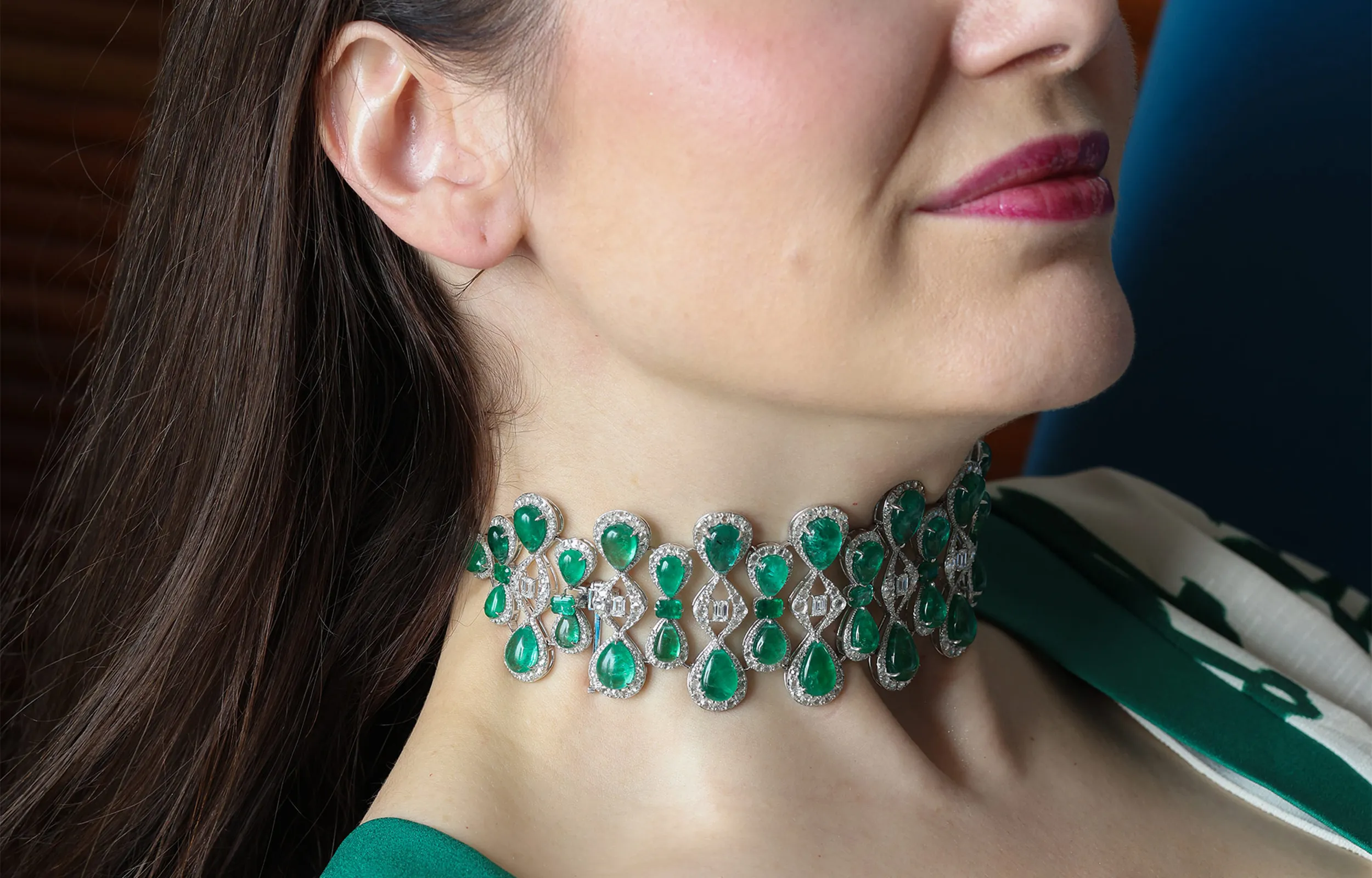 <p>The Mehrab Emerald choker by Renu Oberoi features 126 carats of pear-shaped Zambian emerald cabochons and a further 17 carats of diamonds, designed to evoke the grace and geometry of Indian palace ornamentation</p>
