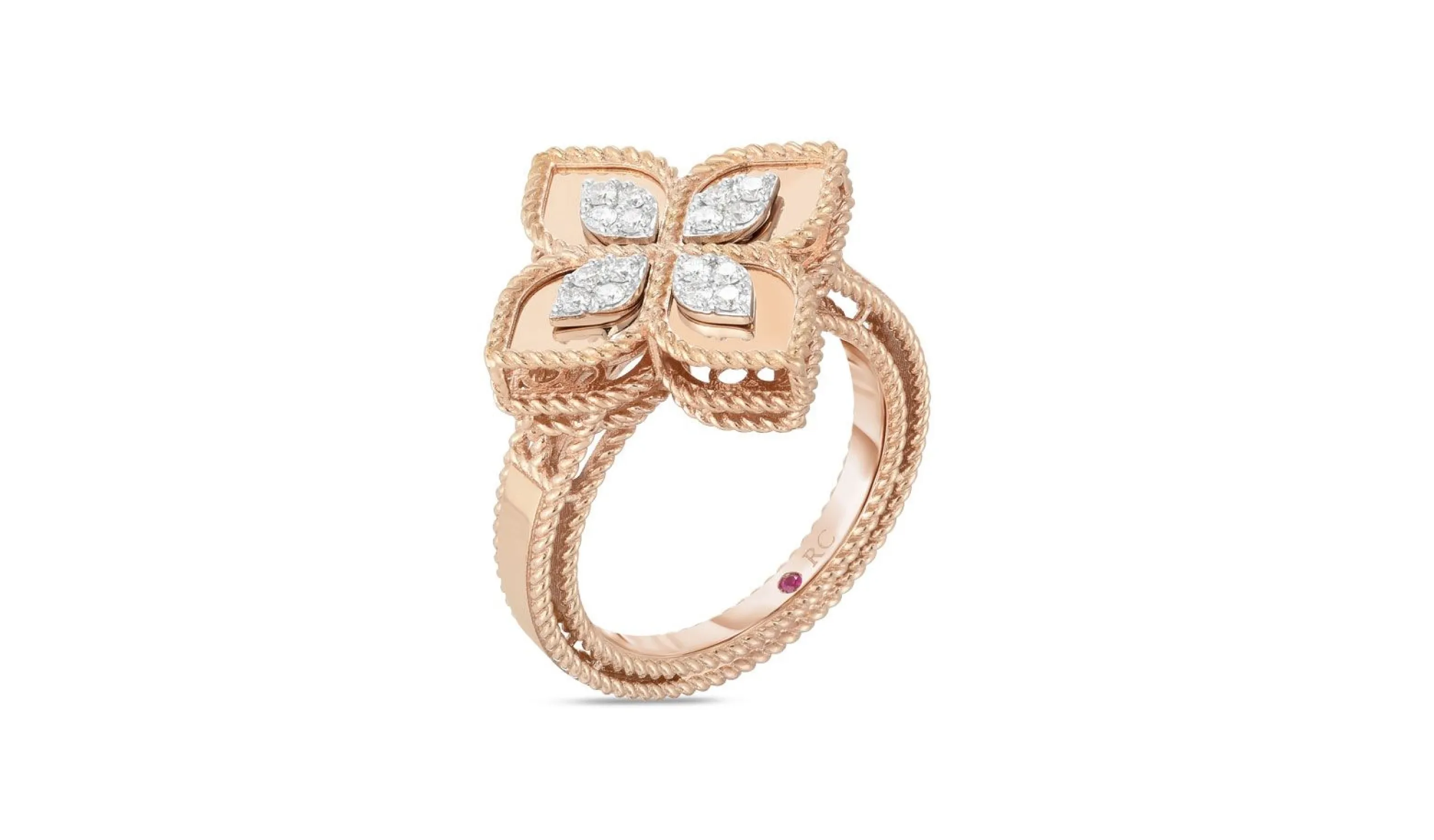 <p>Roberto Coin Princess Flower ring with diamonds in 18k rose gold</p>