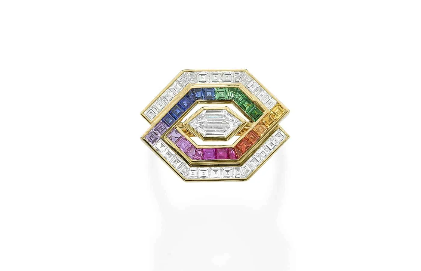 <p>Robinson Pelham Entwined Rainbow ring with a central double bullet-shaped diamond of 0.48 carats, plus further diamonds, rainbow sapphires and tsavorites in 18k yellow gold</p>