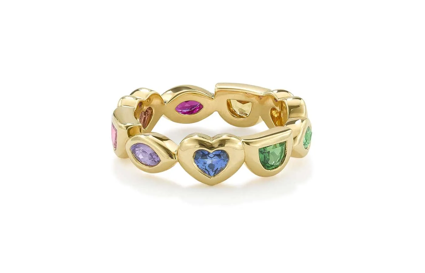 <p>Robinson Pelham Small Rainbow Eye Love U Eternity ring in 18k yellow gold set with 1.60 carats of rainbow sapphires and tsavorites</p>