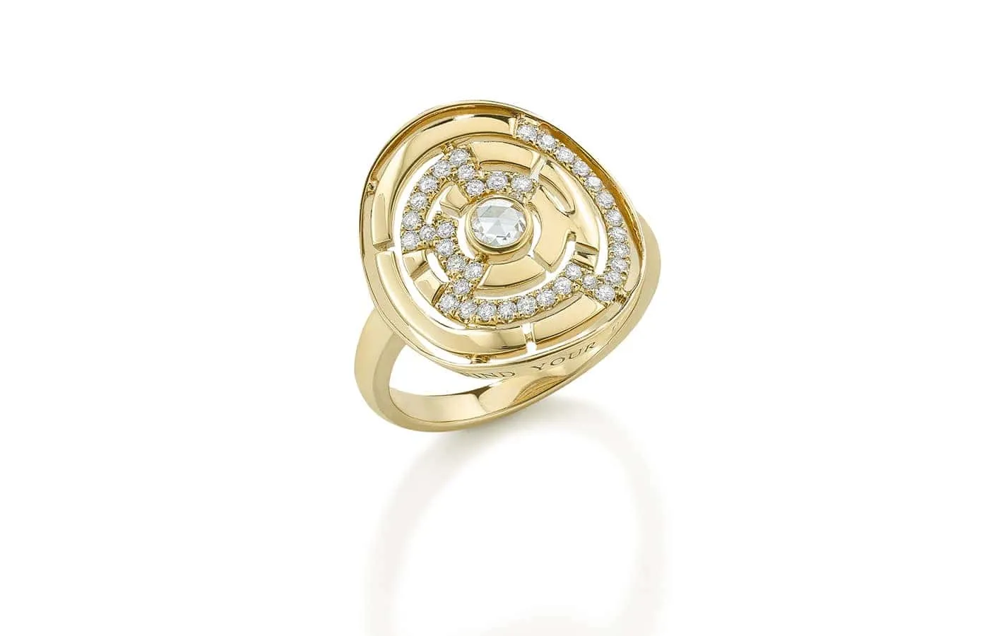 <p>Robinson Pelham Labyrinth Round ring with a diamonds maze and rose cut diamond centre stone (0.43ct) in 14k yellow gold</p>