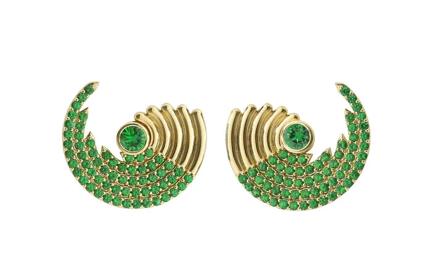 <p>Robinson Pelham Zouk Large Tsavorite earrings set with 3.50 carats of tsavorite in 18k yellow gold</p>