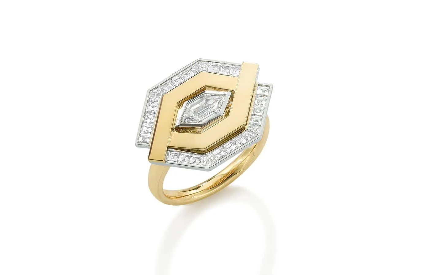 <p>Robinson Pelham Entwined Diamond ring with a central double bullet-shaped diamond of 0.48 carats and further diamonds in 18k yellow gold</p>