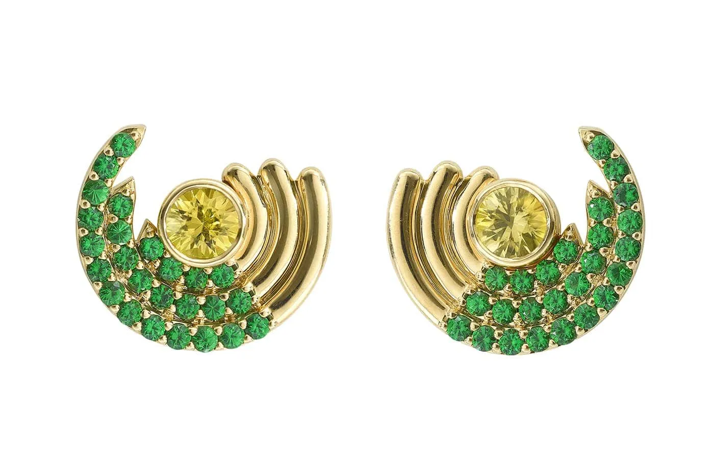 <p>Robinson Pelham Zouk Small Tsavorite earrings set with 1.50 carats of tsavorite in 18k yellow gold</p>