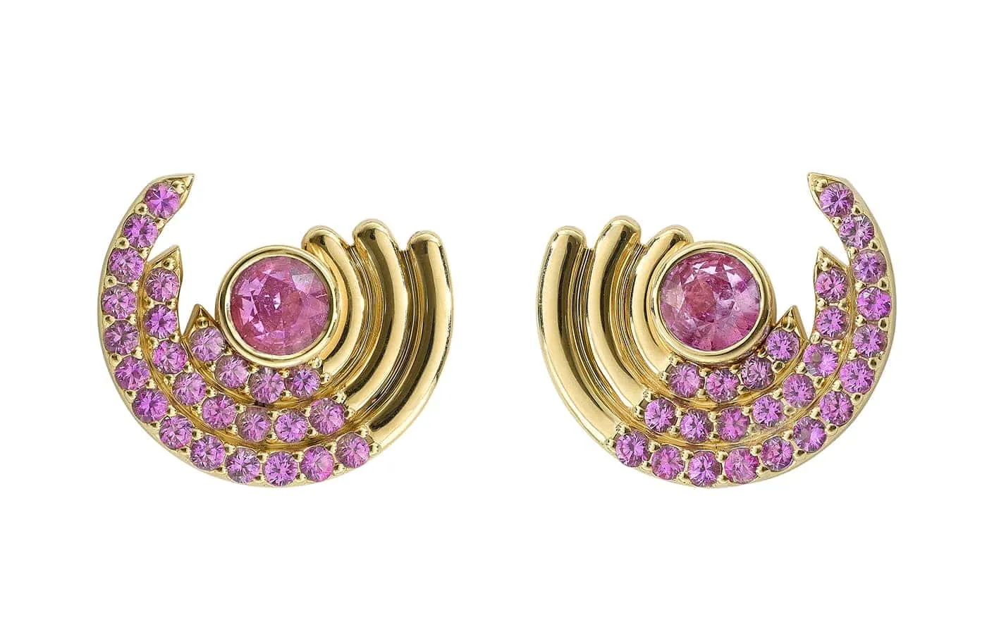 <p>Robinson Pelham Zouk Large Pink Sapphire earrings set with 3.50 carats of pink sapphires in 18k yellow gold</p>