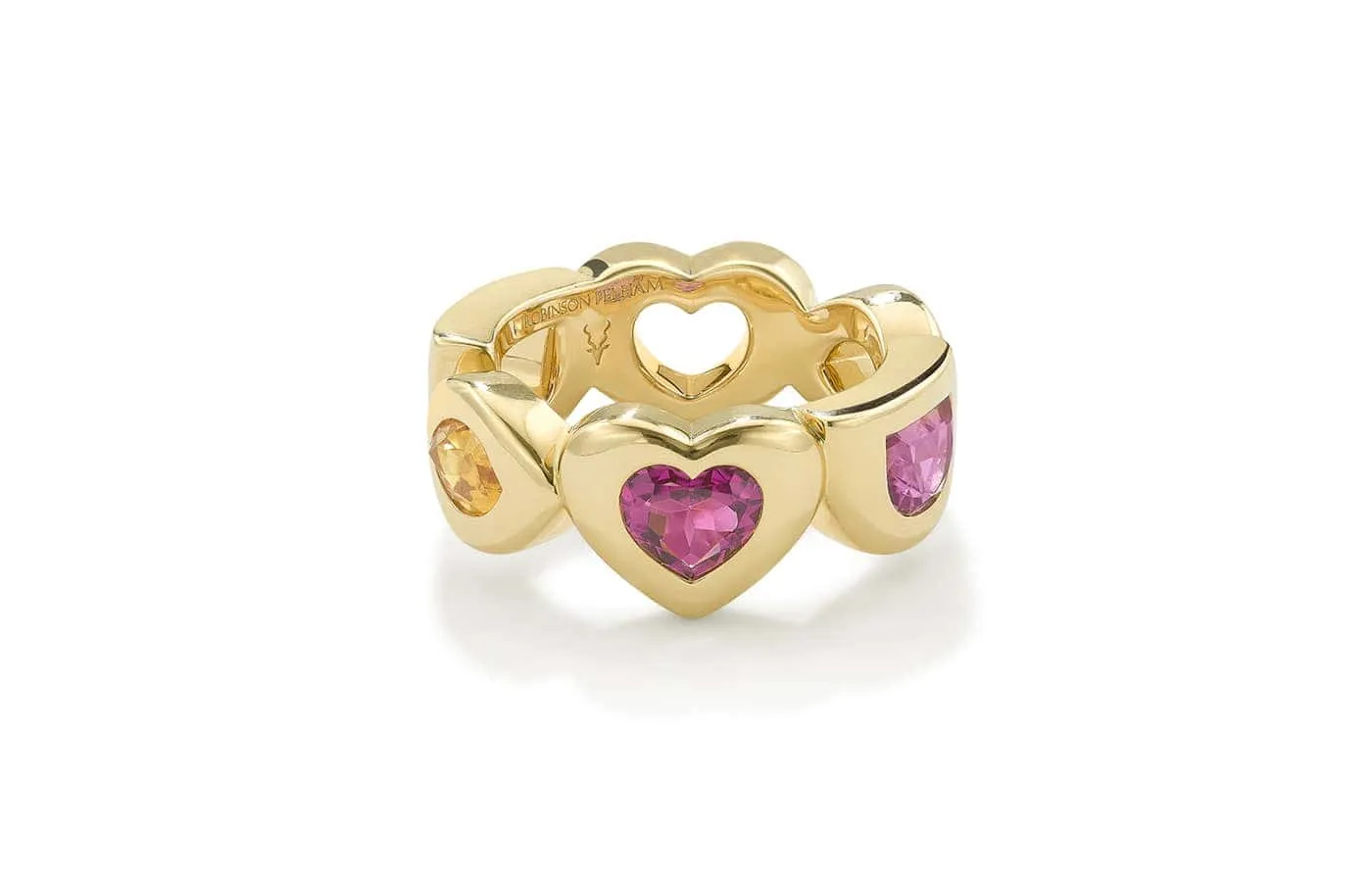 <p>Robinson Pelham Medium Rainbow Eye Love U ring in 18k yellow gold set with 0.70 carats of orange sapphire and 1.40 carats of rubellites</p>