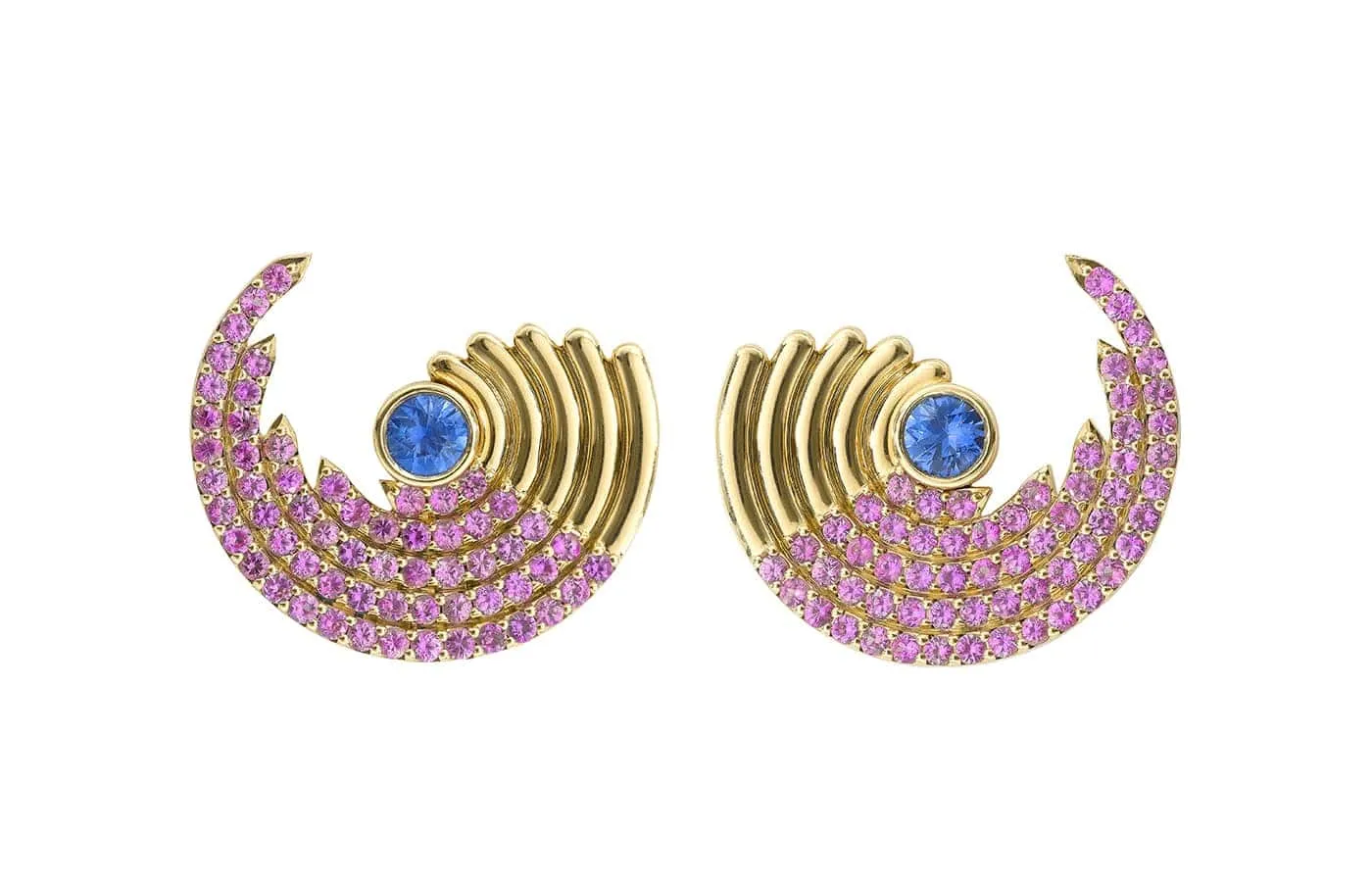 <p>Robinson Pelham Zouk Small Pink Sapphire earrings set with 1.50 carats of pink sapphires in 18k yellow gold</p>