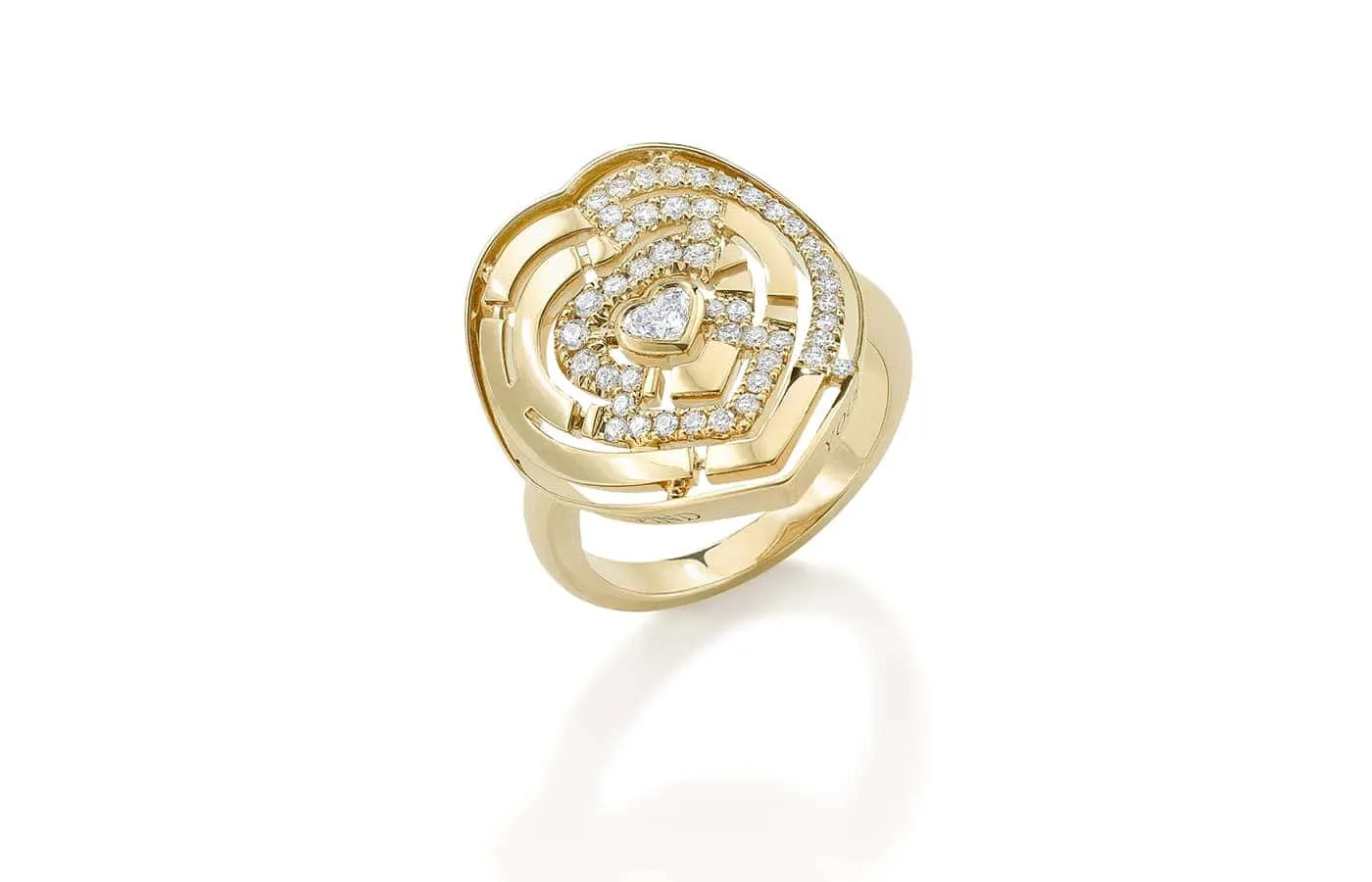 <p>Robinson Pelham Heart Labyrinth ring with a diamonds maze and heart shaped diamond centre stone (0.56ct) in 14k yellow gold</p>