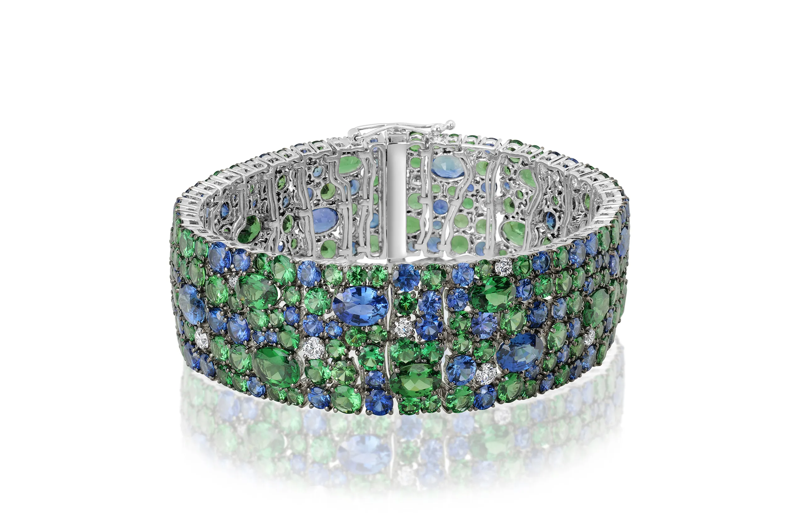 <p>Royal Touch bracelet from the Mosaic collection, set with 21.10 carats of Tanzanian sapphires, 29.39 carats of Kenyan tsavorites, and 1.26 carats of South African diamonds</p>