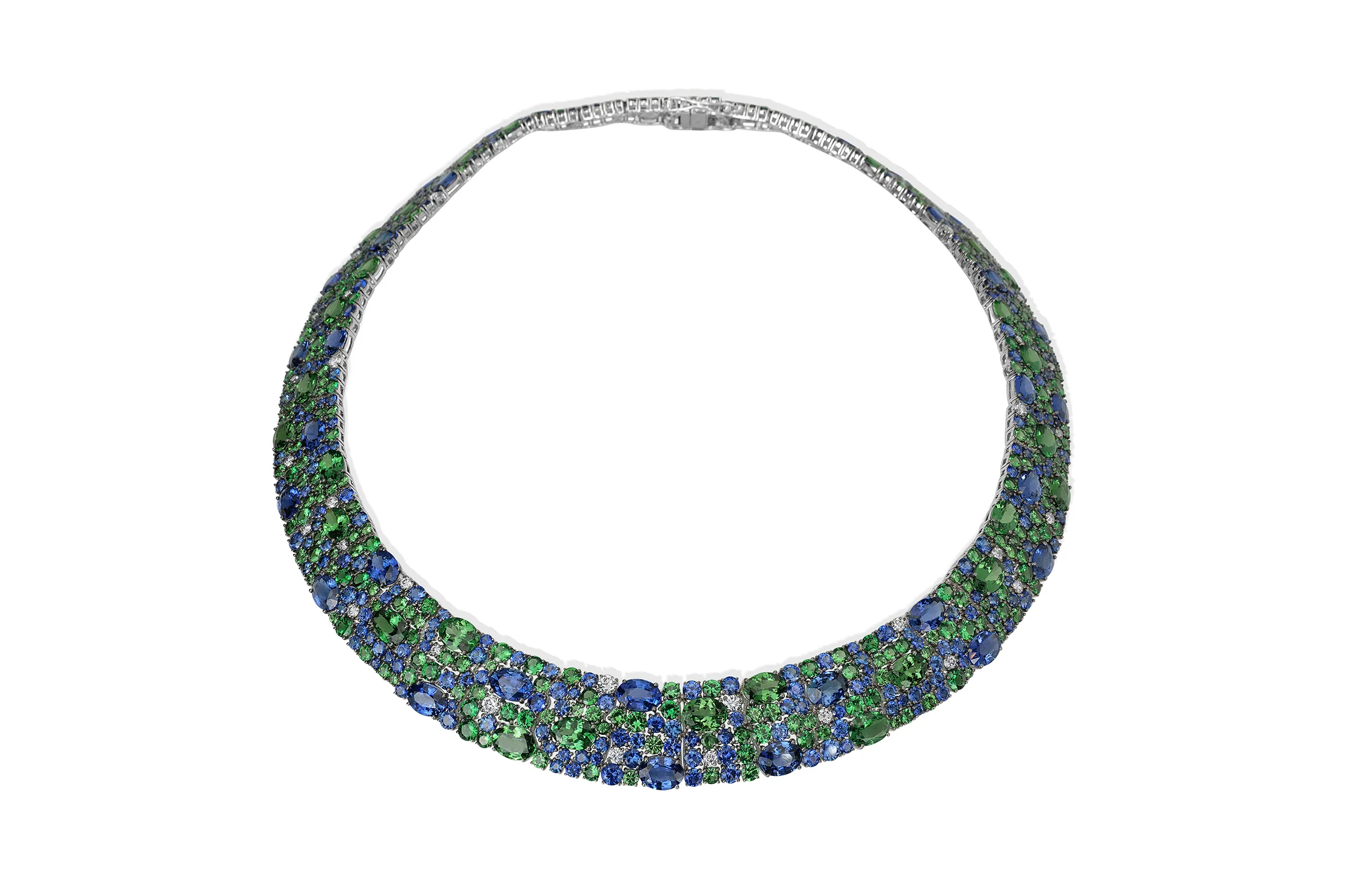<p>Royal Touch necklace from the Mosaic collection, set with 44.71 carats of Tanzanian sapphires, 44.66 carats of Kenyan tsavorites, and 1.81 carats of South African diamonds</p>