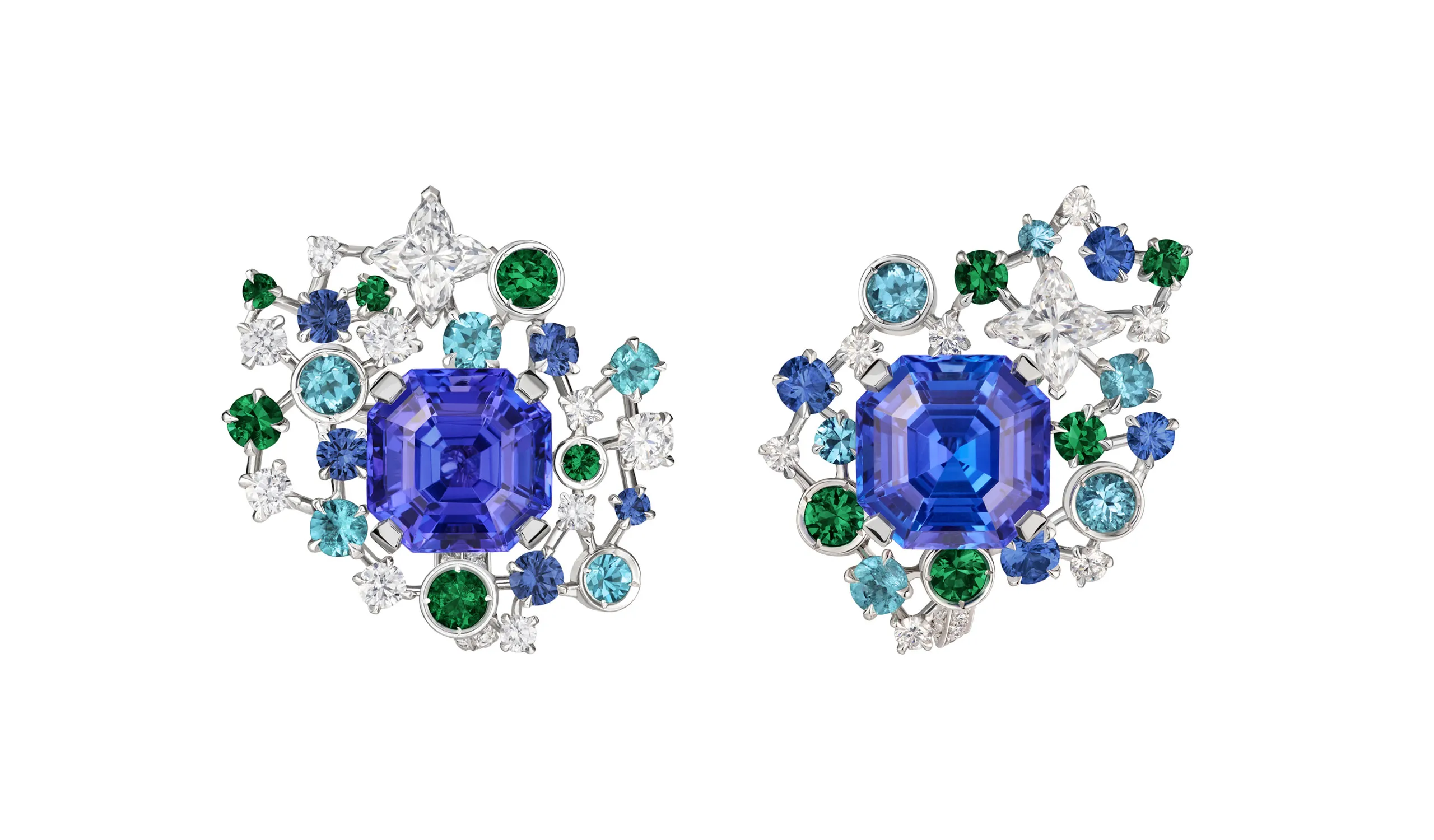 <p>Sirius high jewellery earrings, set with tanzanites, aquamarines, tourmalines and emeralds</p>
