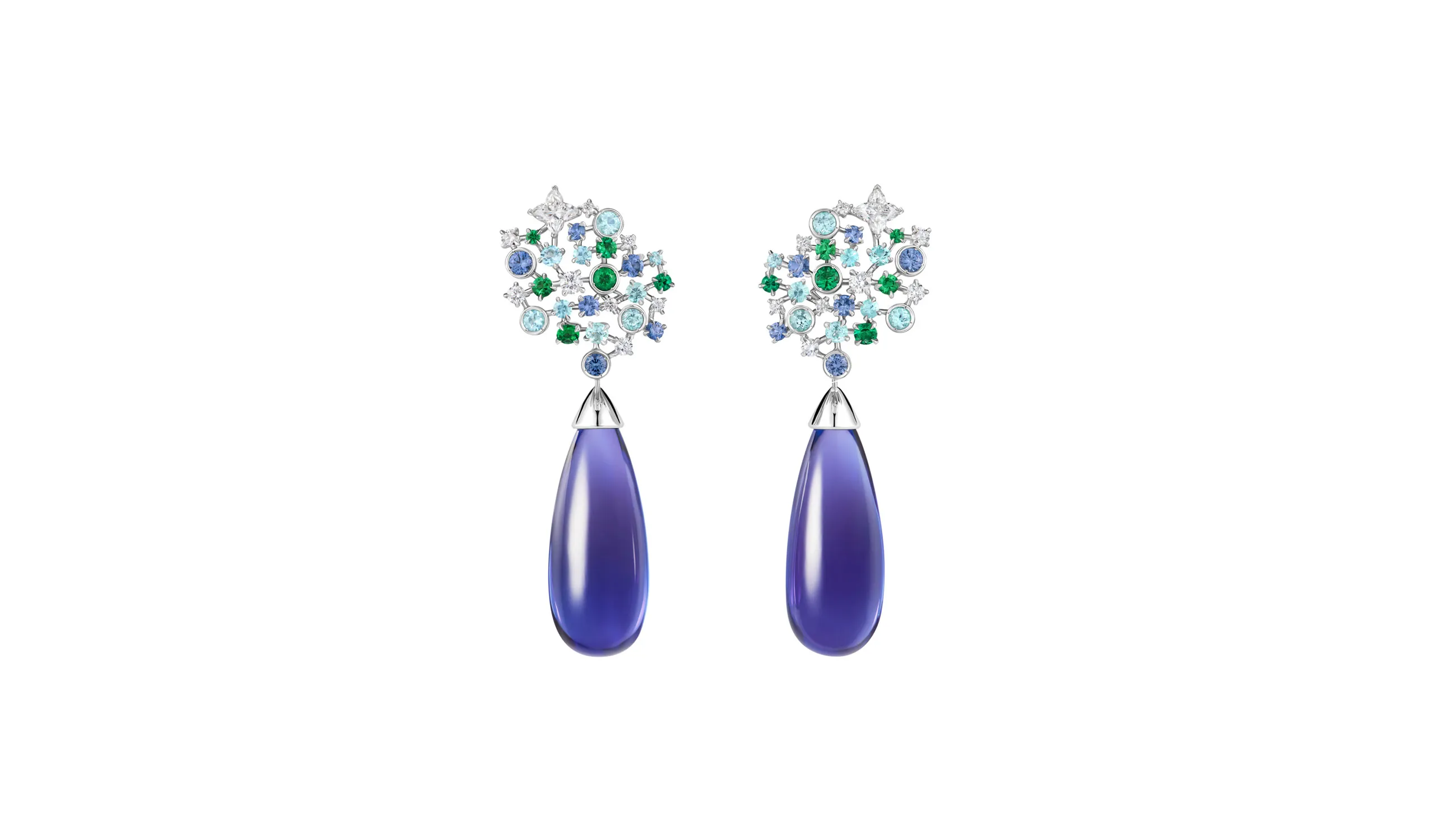 <p>Sirius cabochon tanzanite, aquamarine, emerald, tourmaline and diamond high jewellery earrings</p>
