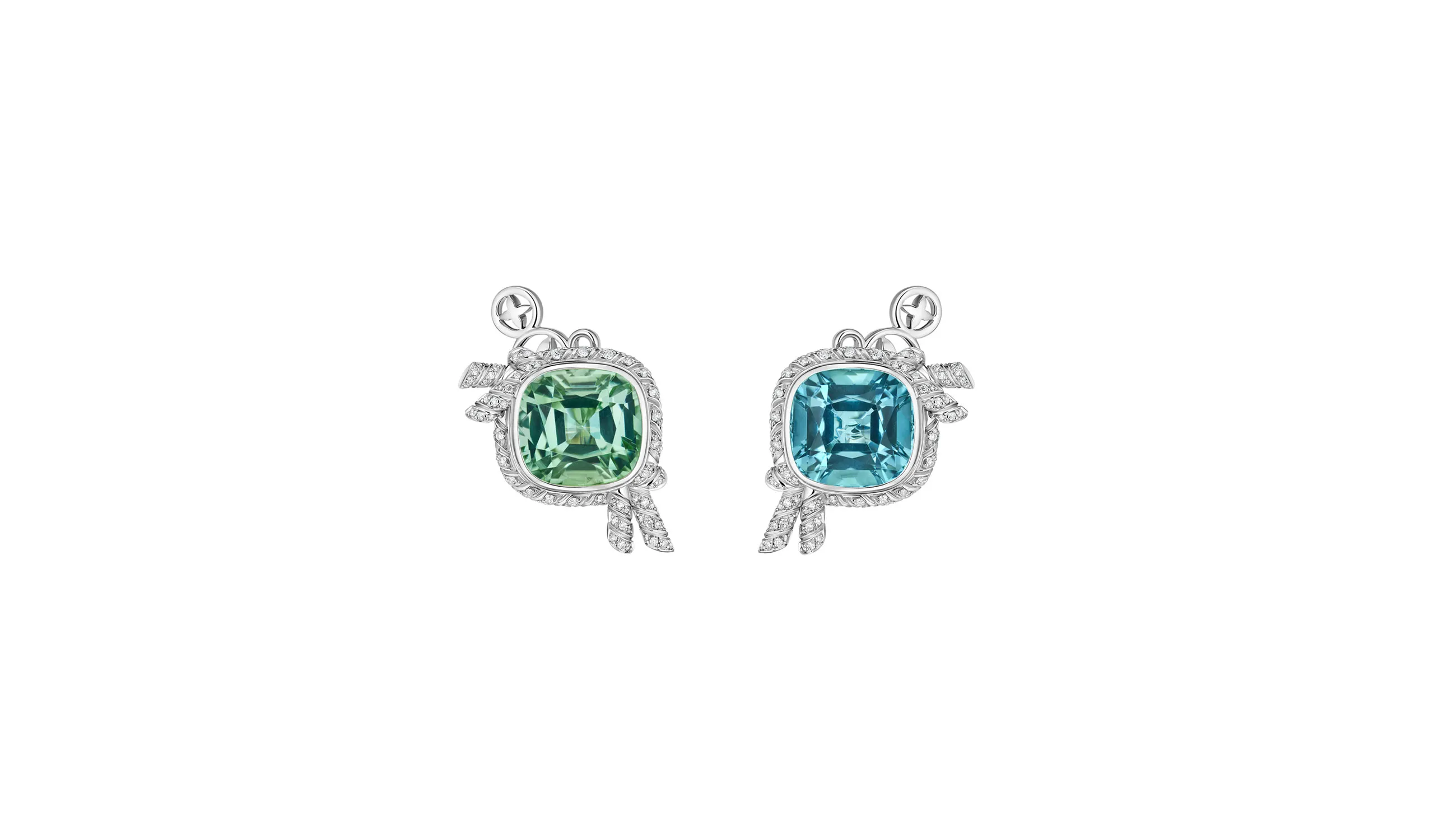 <p>Sirius high jewellery earrings, set with a mismatched aquamarine and tourmaline</p>
