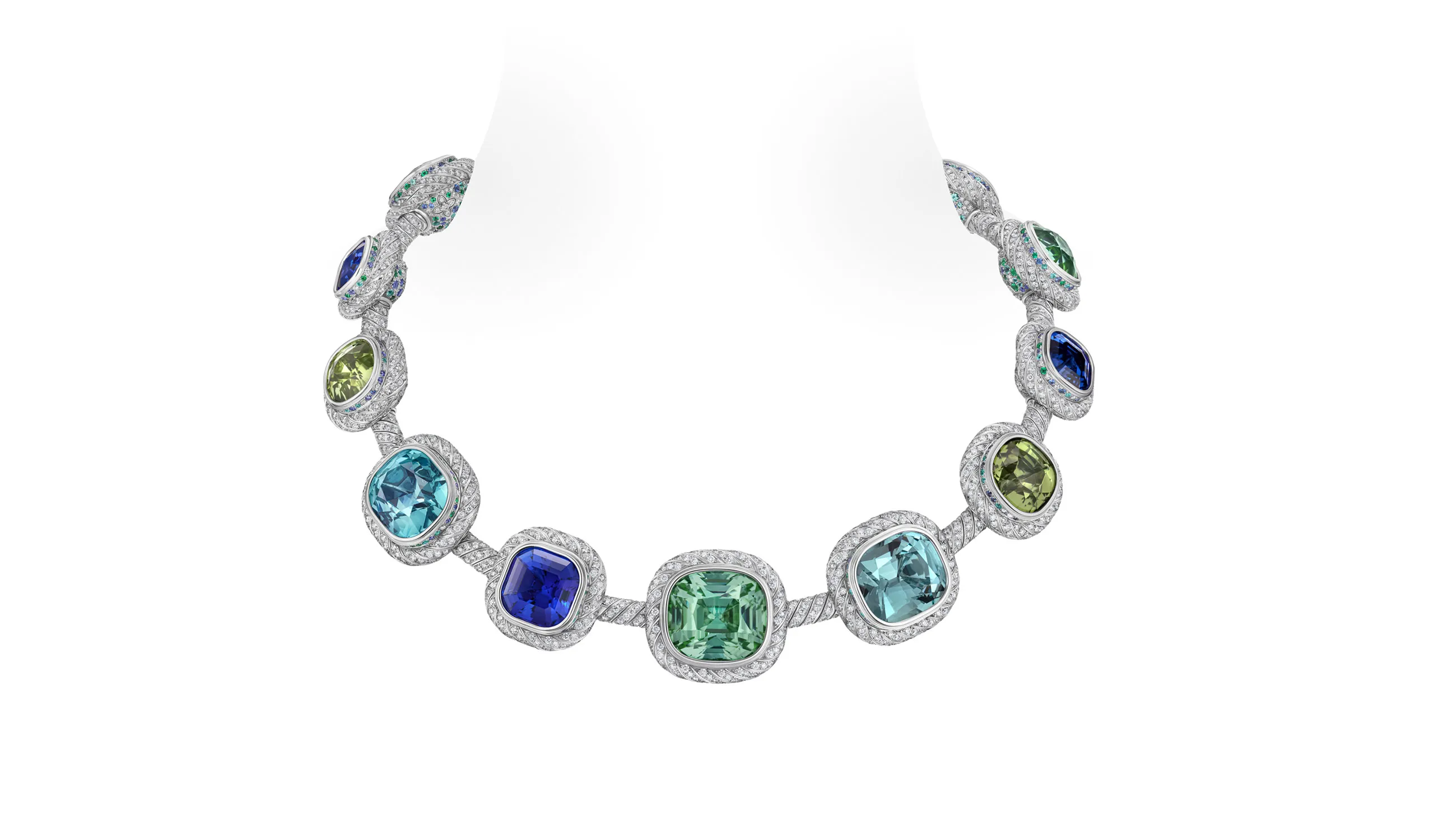 <p>Sirius tanzanite, aquamarine, tourmaline and diamond high jewellery earrings</p>
