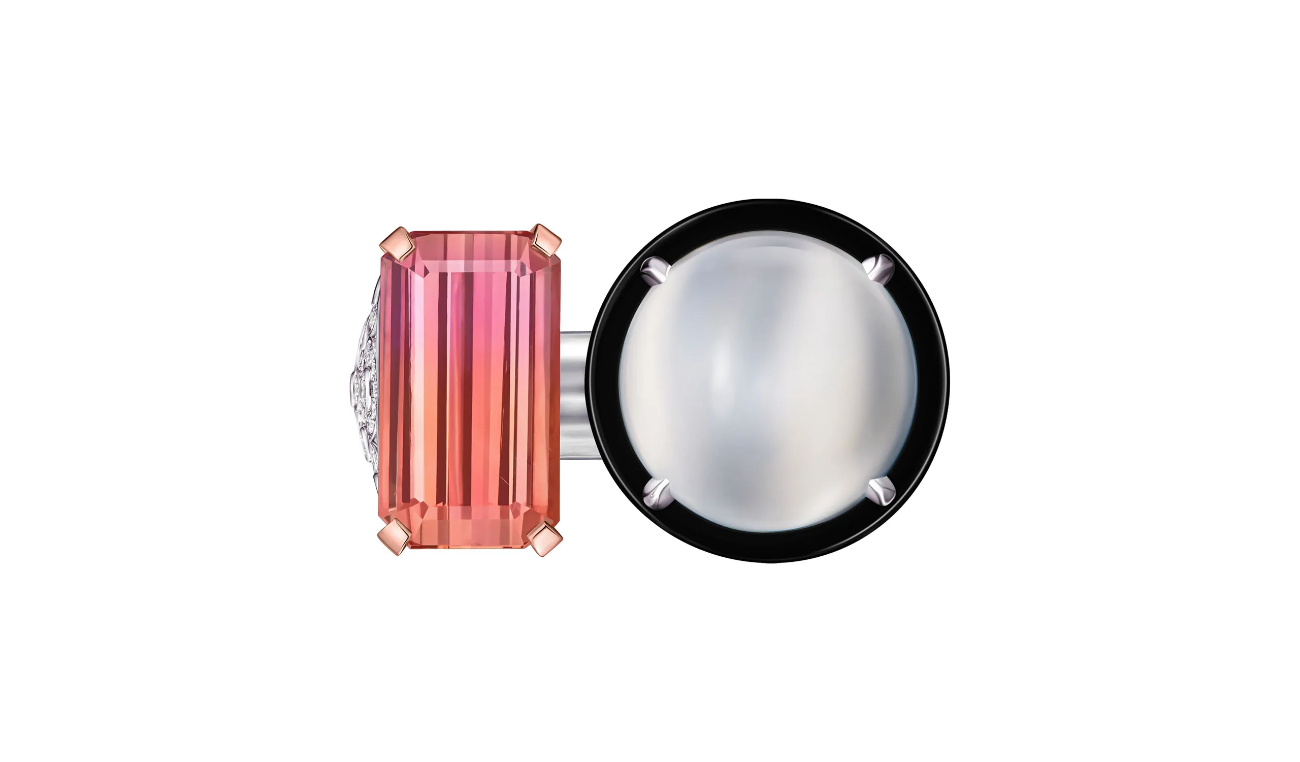 <p>A Spell high jewellery ring, set with a bicolour Imperial topaz, cat’s eye moonstone and onyx in 18k white and rose gold</p>
