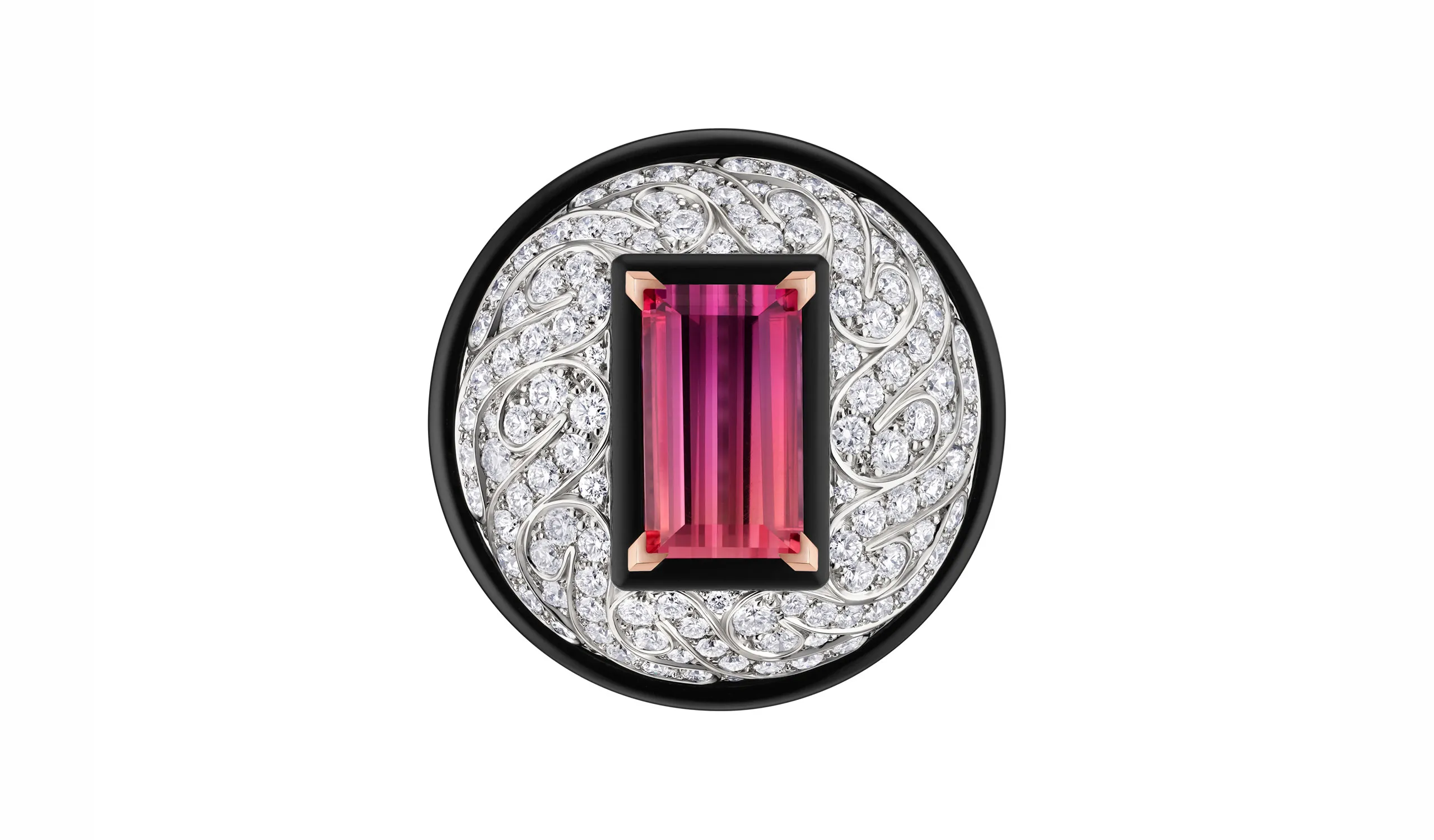 <p>The final Spell high jewellery ring, set with an emerald-cut Imperial topaz, diamonds and onyx in 18k white and rose gold</p>

