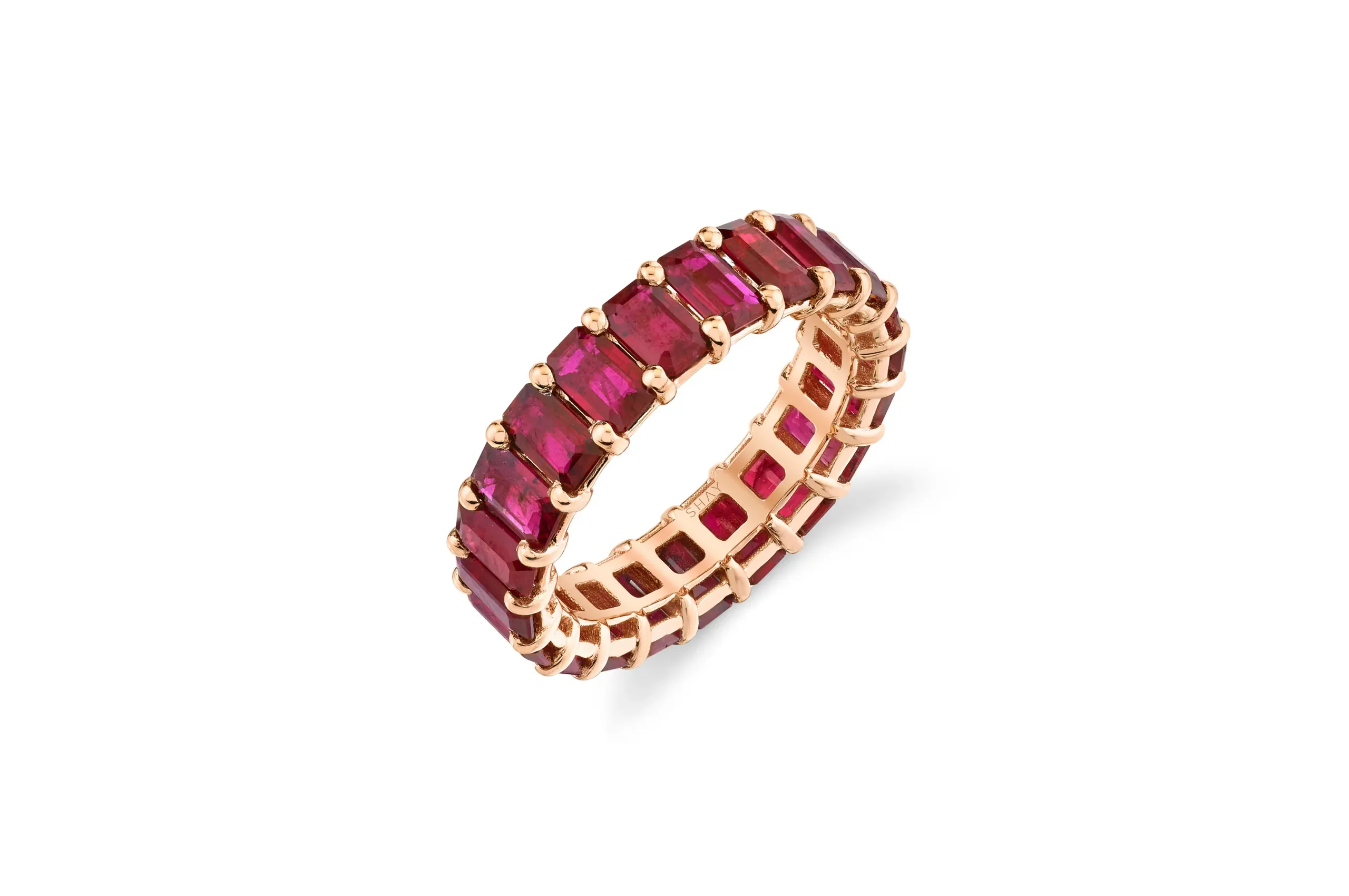 <p>Shay’s ruby eternity band in 18K rose gold showcases a gemstone that has long been a symbol of love and passion. </p>
