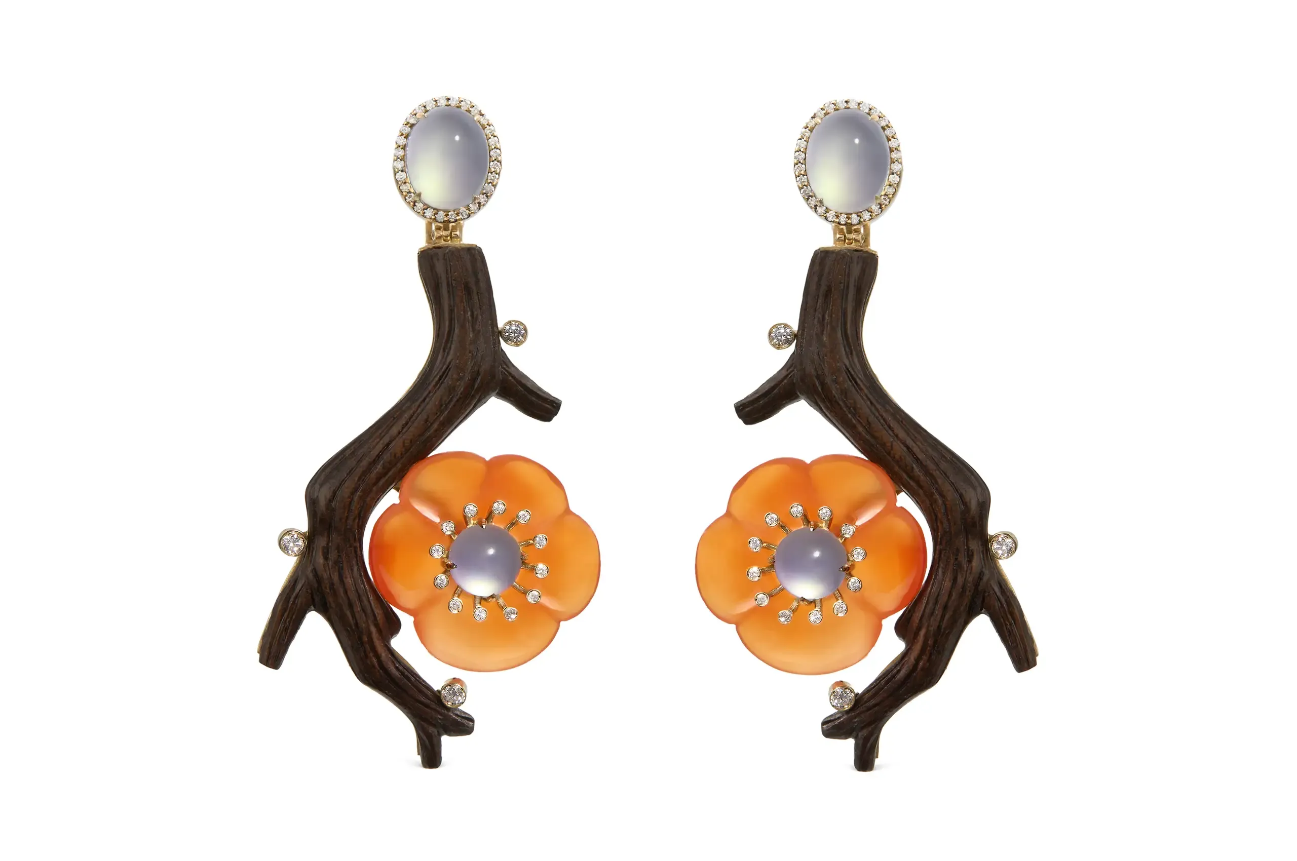 Silvia Furmanovich for Asprey Cherry Blossom earrings in 18ct yellow gold, with carved braúna wood, agate, red and white jadeite and diamonds