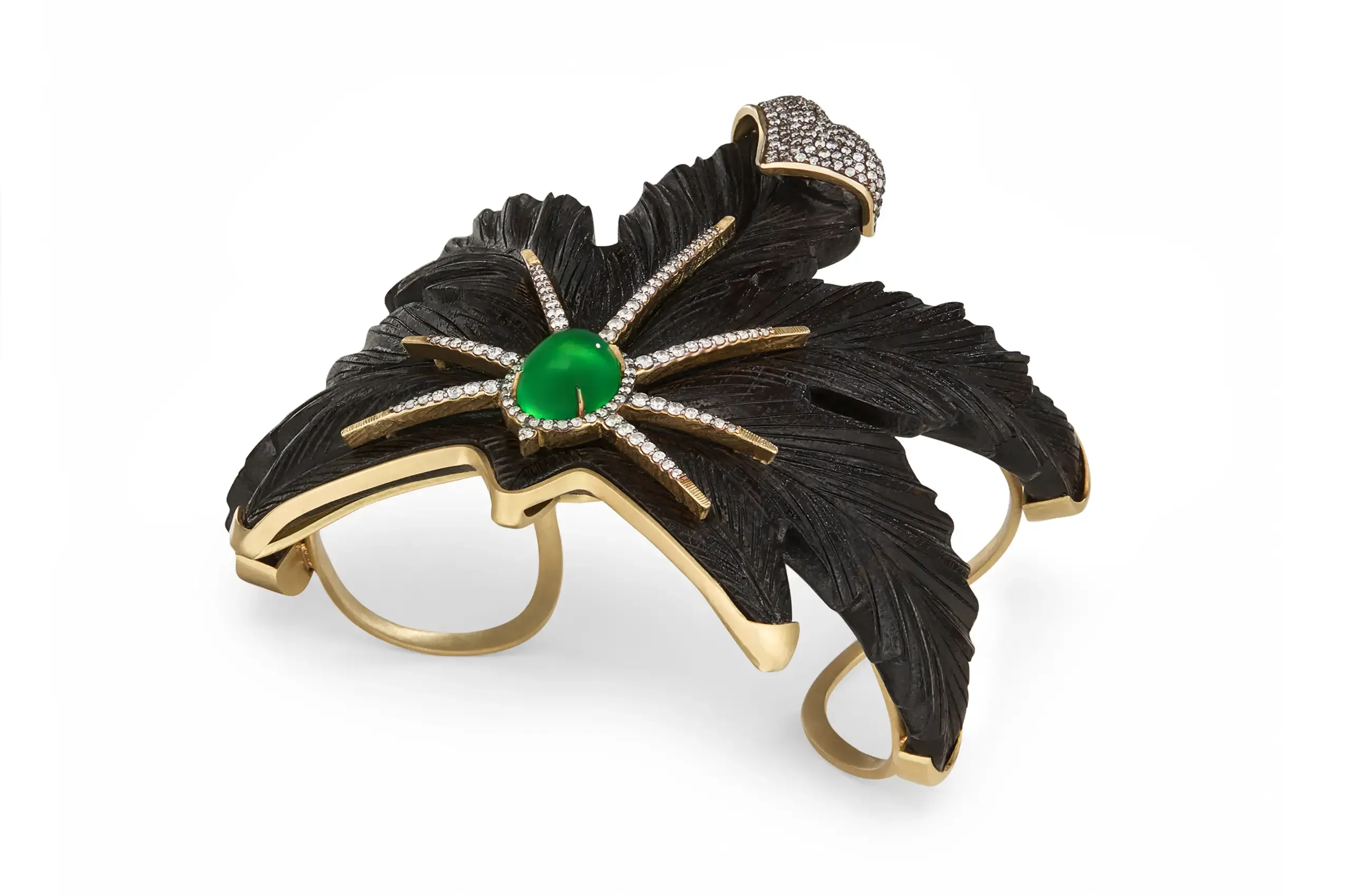 Silvia Furmanovich for Asprey Sacred Leaf cuff bracelet in 18ct yellow gold with carved braúna wood, green jadeite and diamonds