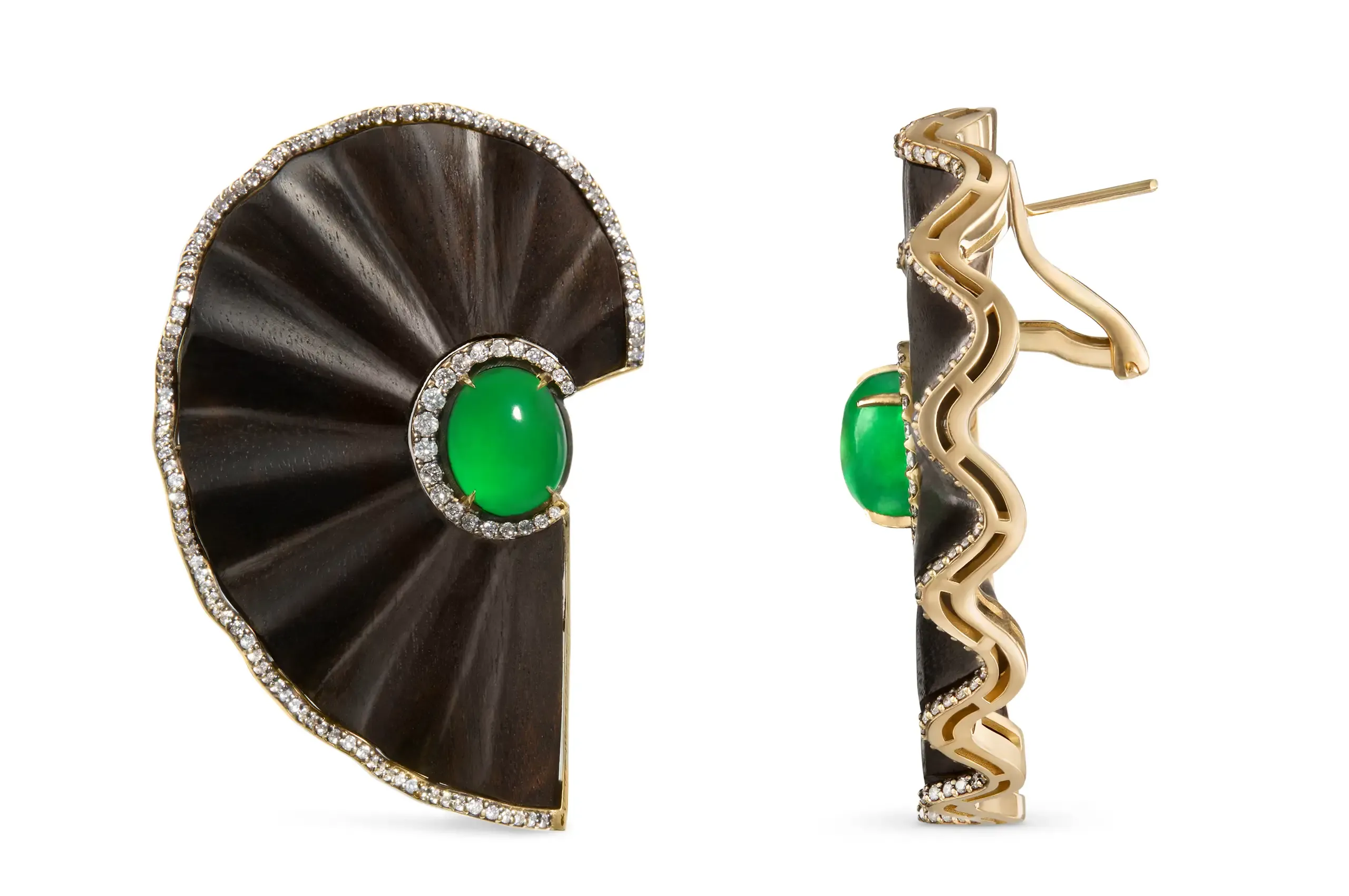 Silvia Furmanovich for Asprey Sacred Leaf earrings. The carved braúna wood is native to Furmanovich's home country of Brazil