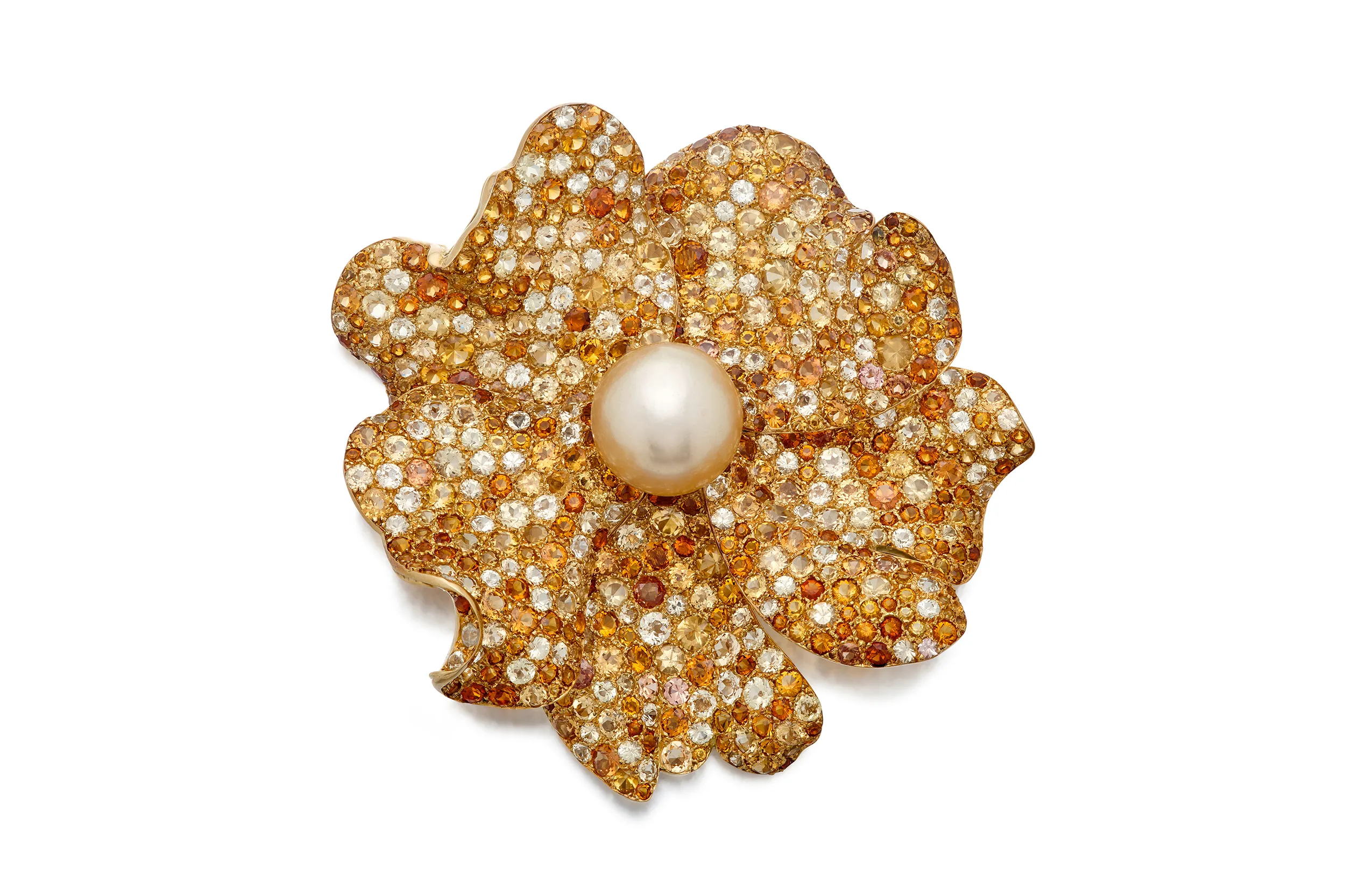 <p>JAR wild rose clip-brooch with a natural pearl center and citrine and yellow sapphire pavé petals</p>