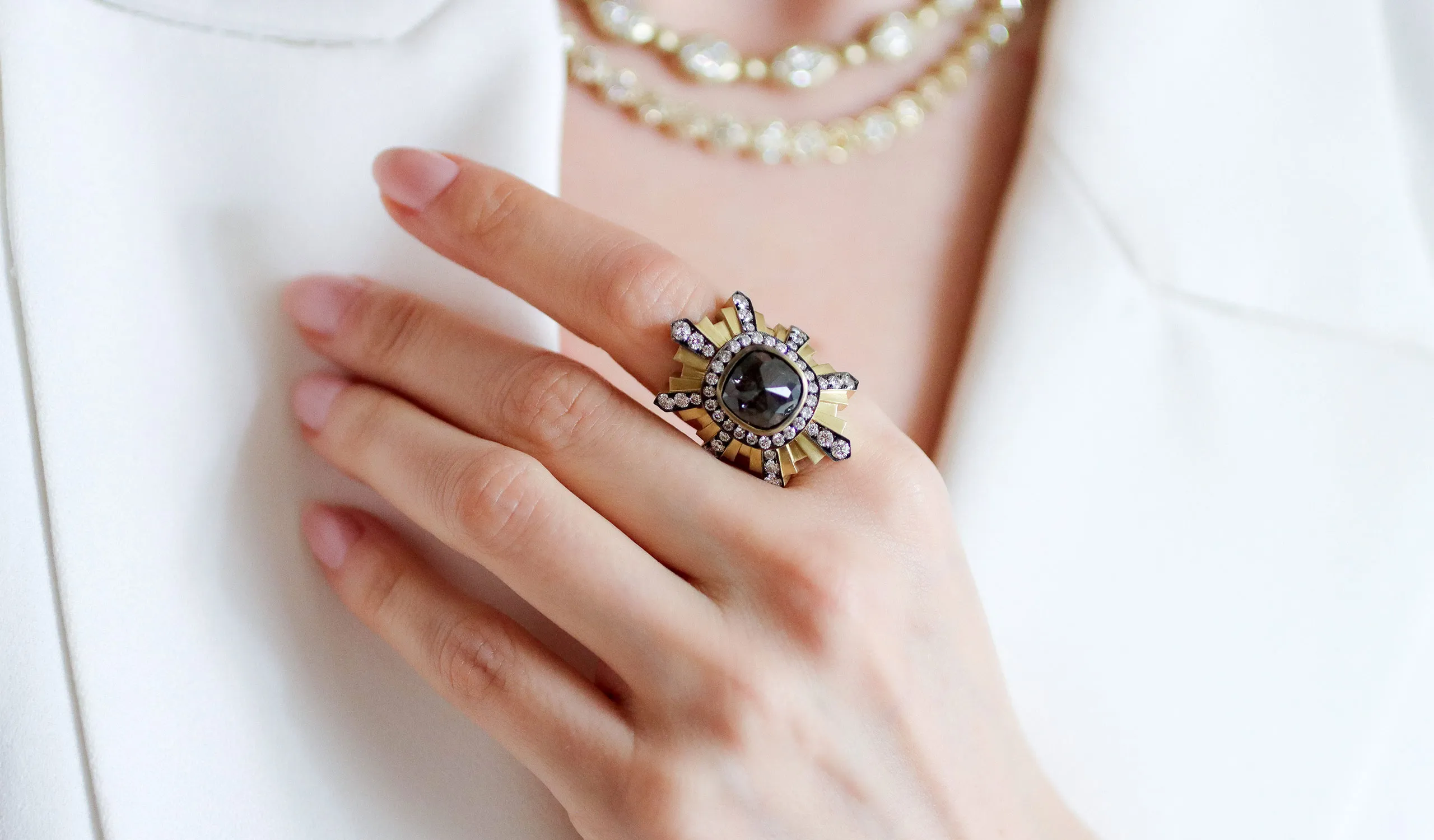 <p>A new Stella ring by Sylva &amp; Cie, set with a central rough cut brown diamond</p>
