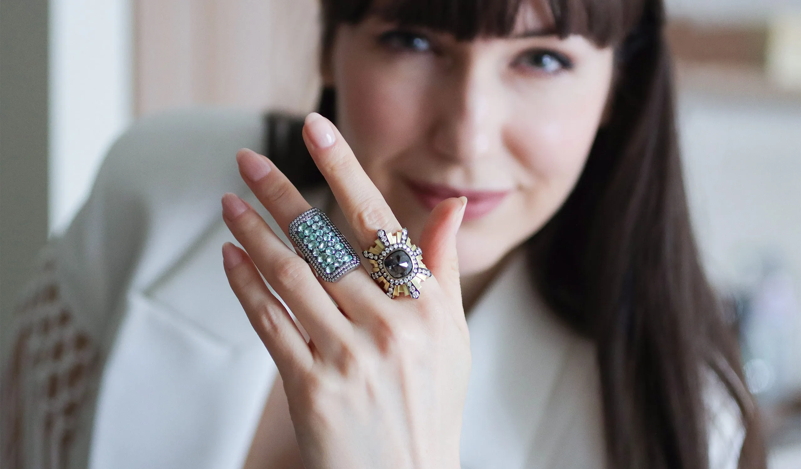 <p>One of Sylva &amp; Cie’s best-known designs is the Ten Table ring (left), here set with Paraíba tourmalines</p>
