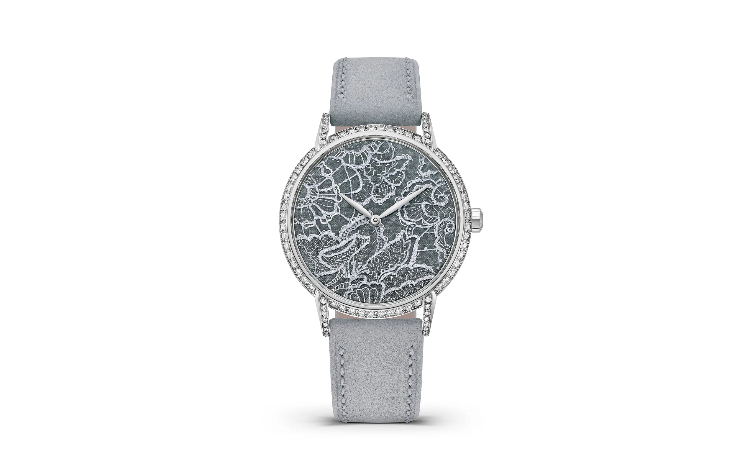 <p>The TAOS Dentelle timepiece features diamonds across the bezel and lugs and a soft grey leather strap to enhance its feminine aesthetic </p>
