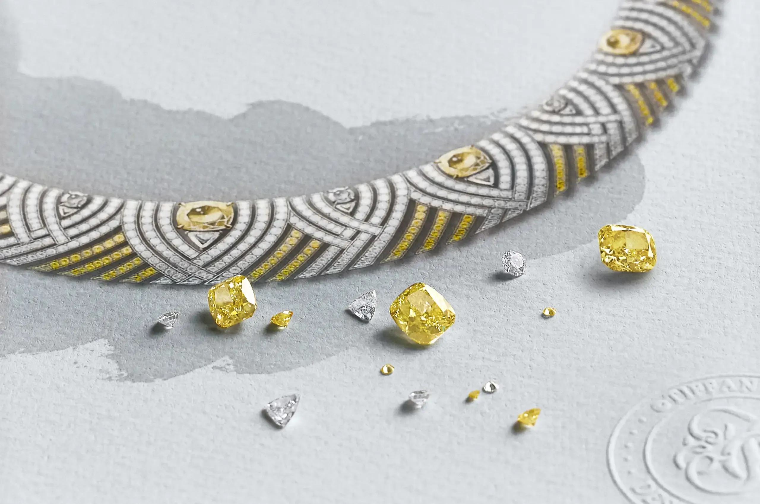 A gouache of the Nest necklace from Blue Book 2026: Hidden Garden, alongside the three cushion-cut Fancy Yellow diamonds that it will showcase