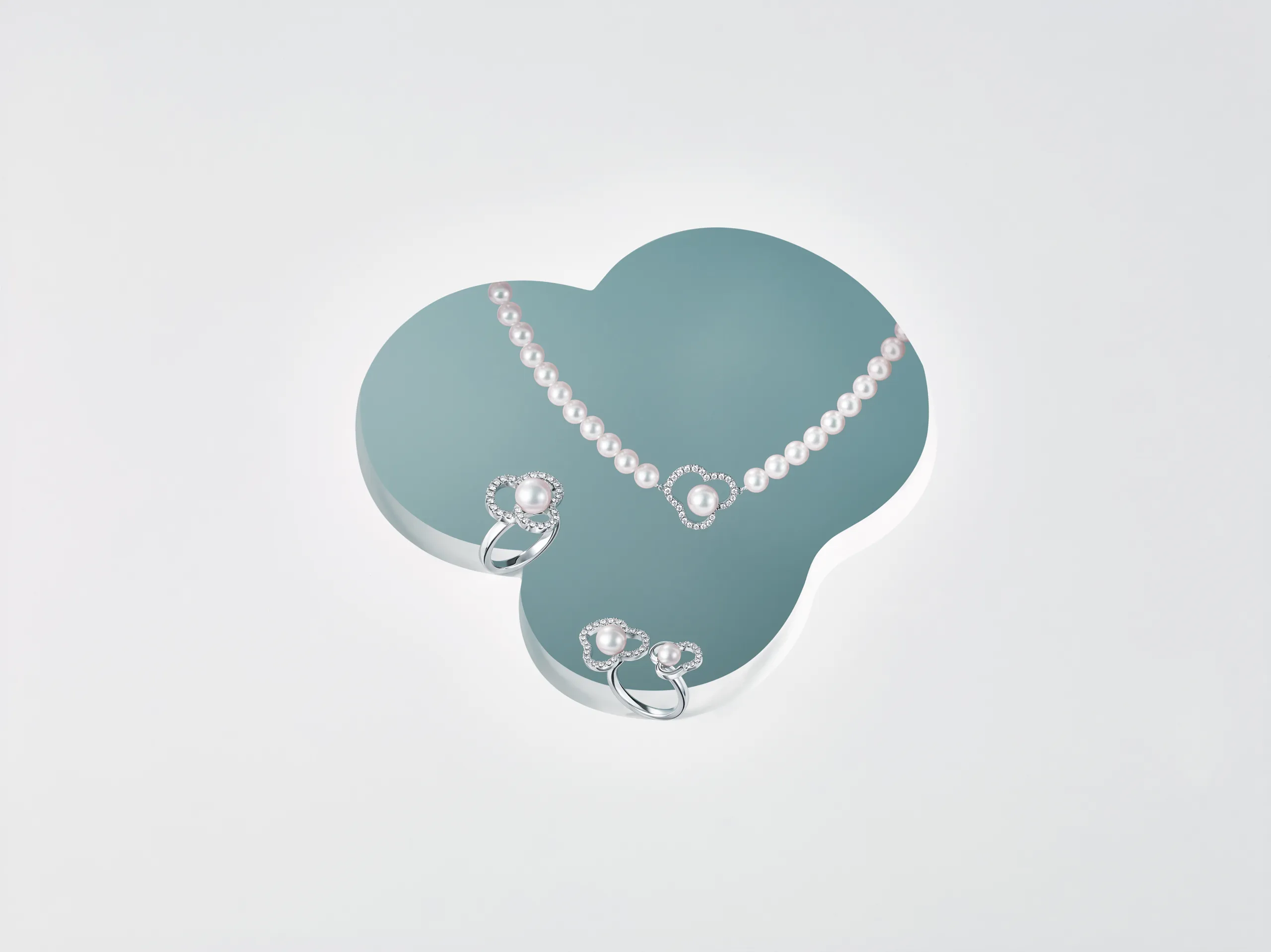 <p>Tasaki Chants signature diamond pave necklace and ring, along with the Chants duo diamond pavé ring, all crafted in white gold and set with Akoya pearls</p>