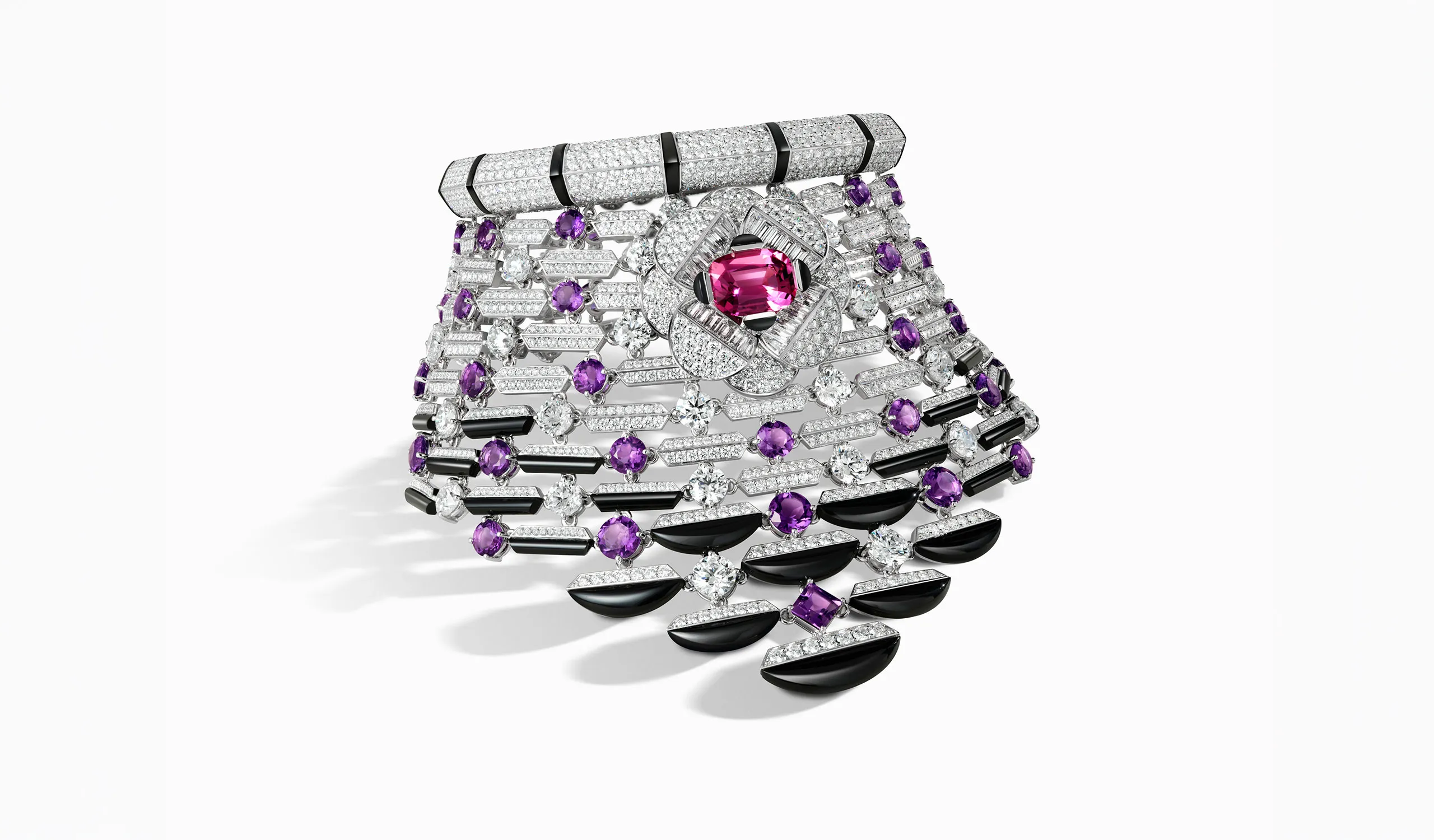 <p>Marli New York ‘The Darling’ High Jewellery cuff bracelet set with a 4.14-carat pink tourmaline, black onyx, amethysts and diamonds</p>