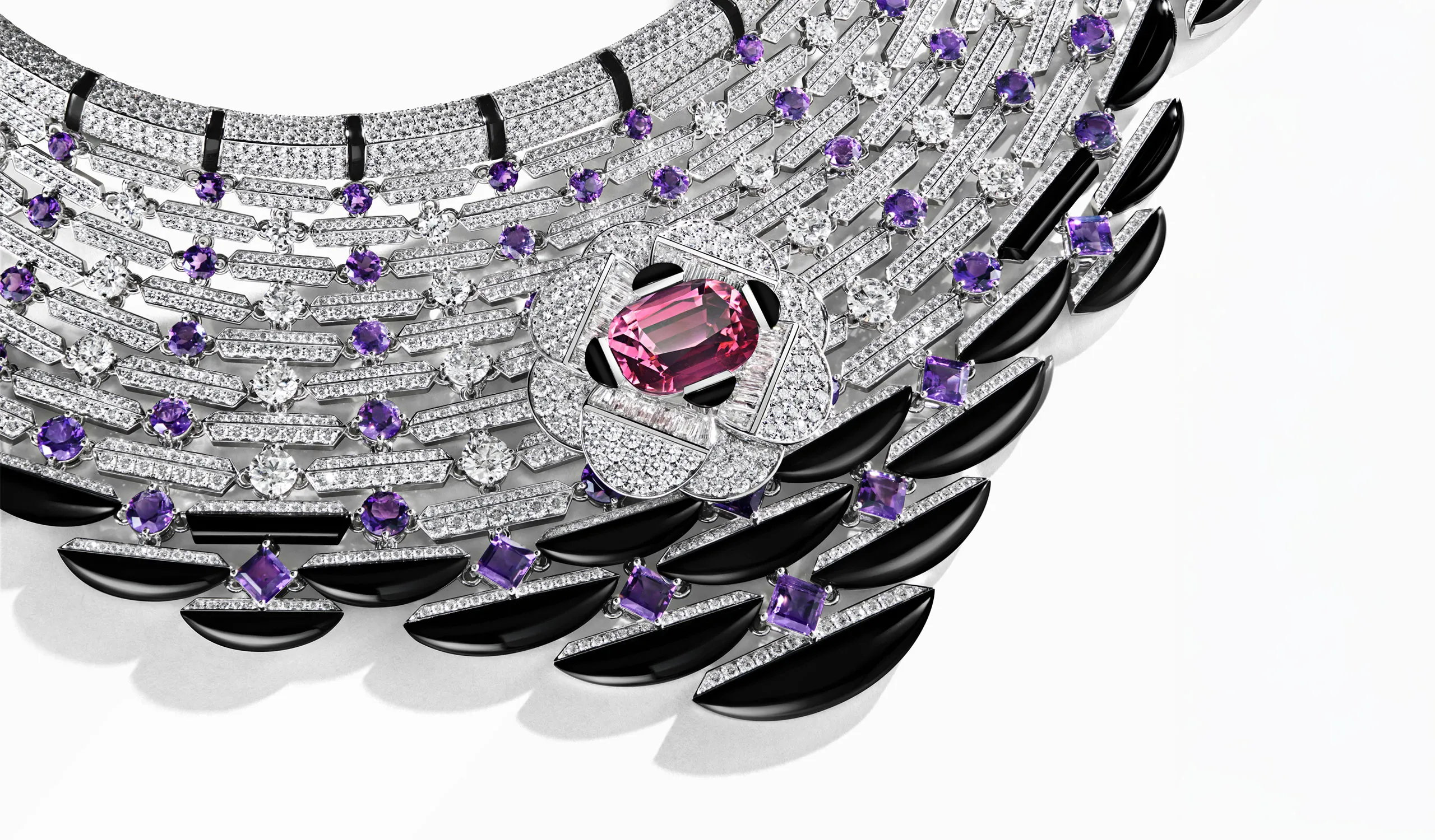 <p>Marli New York ‘The Darling’ transformable High Jewellery necklace, set with a 10.7 carat pink tourmaline, black onyx, amethysts, and pavé diamonds</p>
