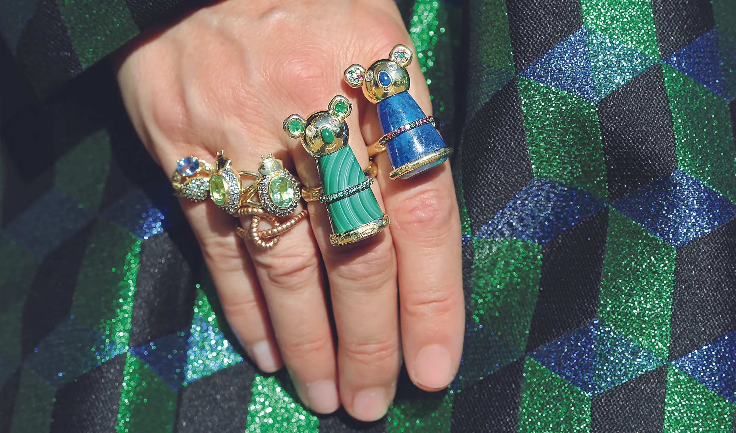 <p>As is Daniela Villegas and her Koala, Sisters, Earthworm and Cosquilleo rings in 18k gold, precious gems and ornamental stones</p>
