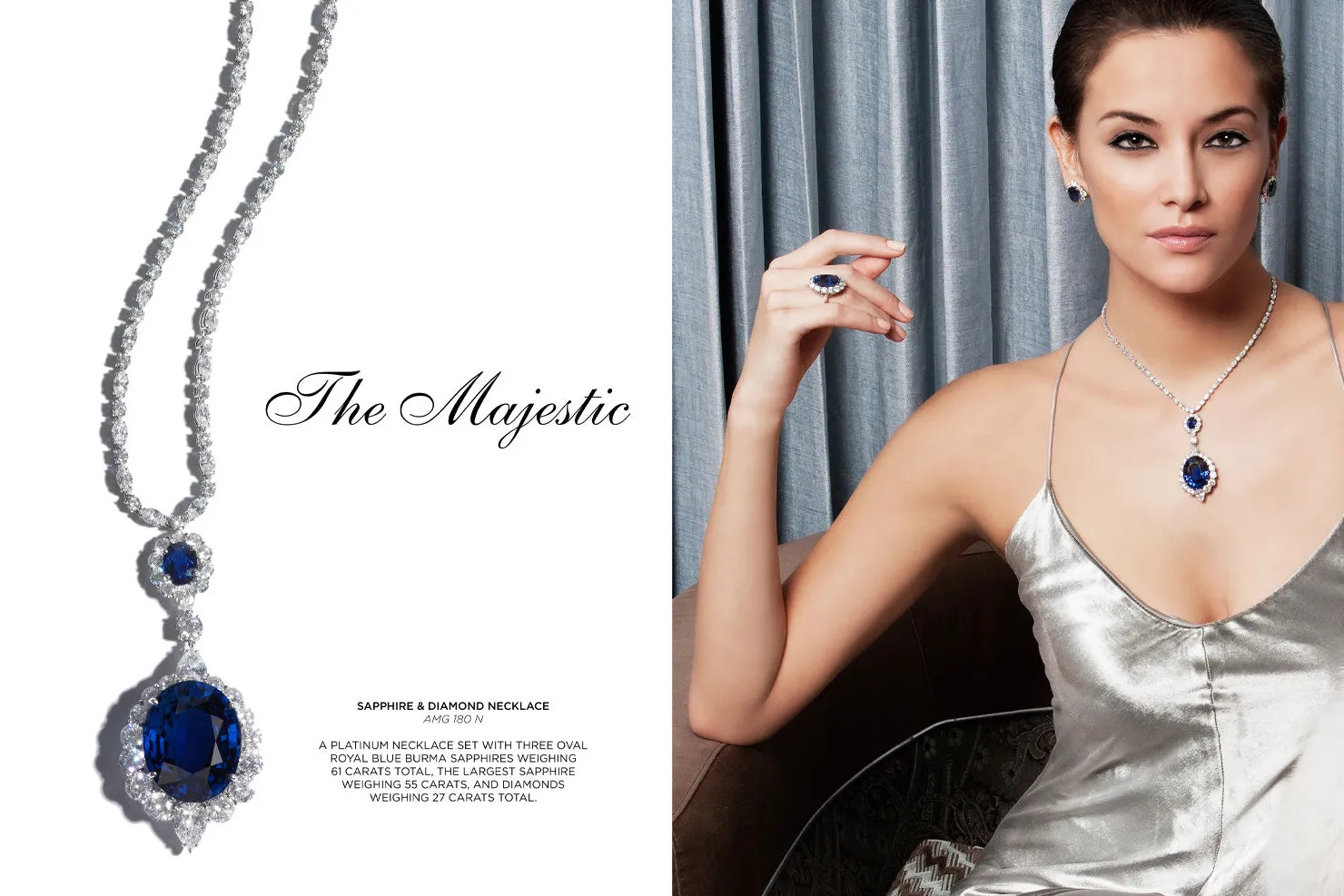 <p>The Majestic &#8211; A platinum necklace set with three oval royal blue Burma sapphires weighing 61 carats total. The largest sapphire weighing 55 carats and diamonds weighing 27 carats total</p>
