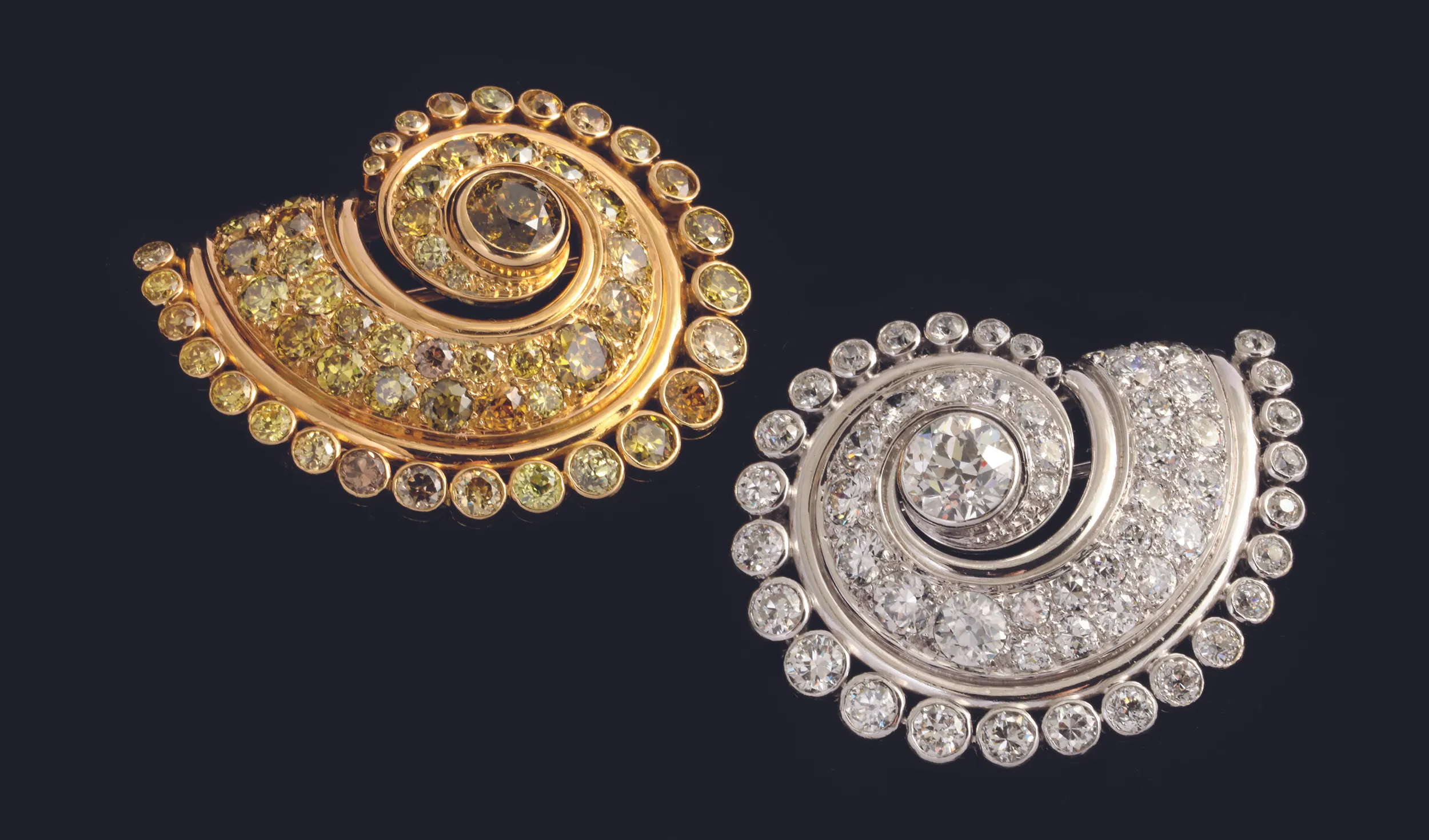 <p>Suzanne Belperron Art Deco yellow and white diamond clips in gold and platinum. Courtesy of Pat Saling Jewelry Collection</p>
