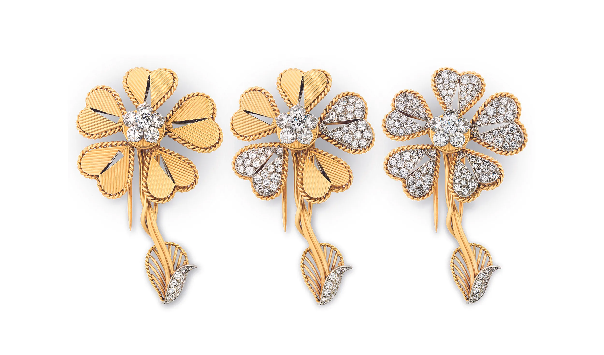 <p>Cartier convertible ‘Night and Day’ diamond brooch, circa 1945. The petals rotate to transform from plain gold to diamond-encrusted, allowing the wearer to transition their jewellery seamlessly from day to evening wear. Courtesy of MS Rau</p>
