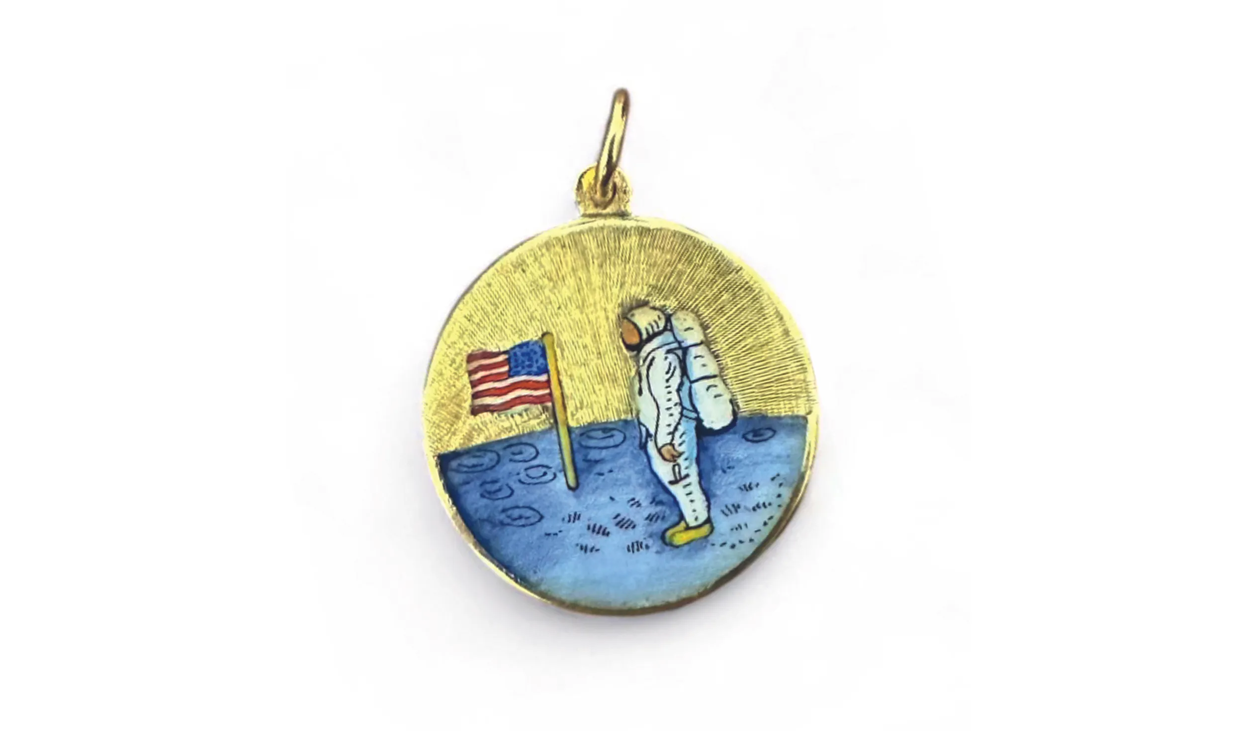 <p>14k gold medallion with enamel, celebrating Neil Armstrong’s famous Moon Walk and planting of the American flag on the Moon’s surface. Courtesy of Circa 1700</p>

