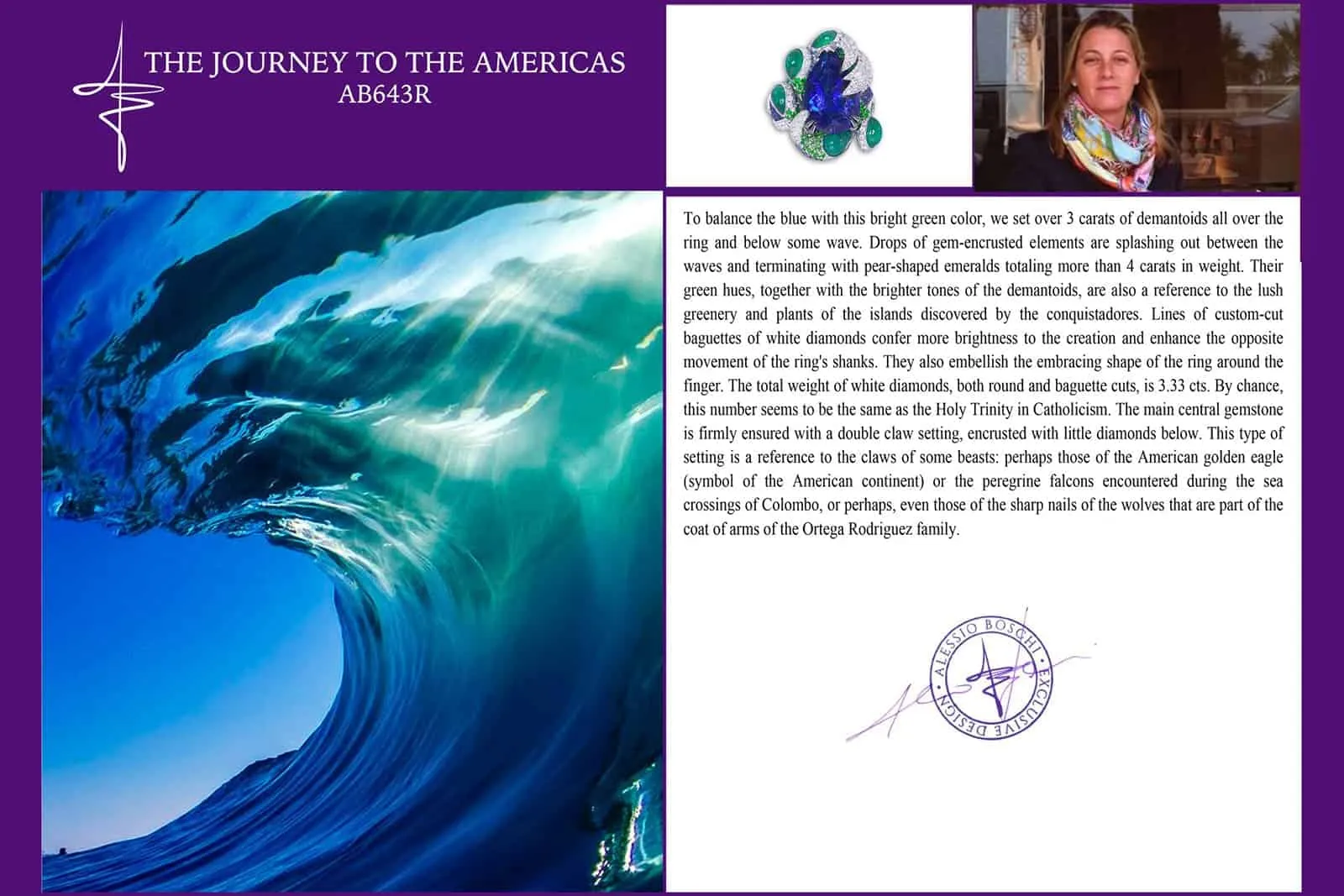 <p>Green gems used to balance out the blue of the impressive tanzanite in Journey to the Americas ring by Alessio Boschi</p>