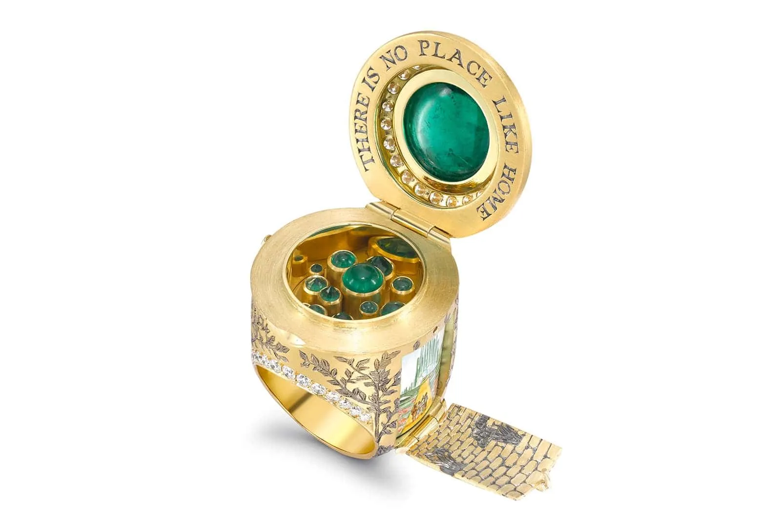 <p>Theo Fennell’s Emerald City opening ring, accompanied by Dorothy’s famous words: “There is no place like home”</p>