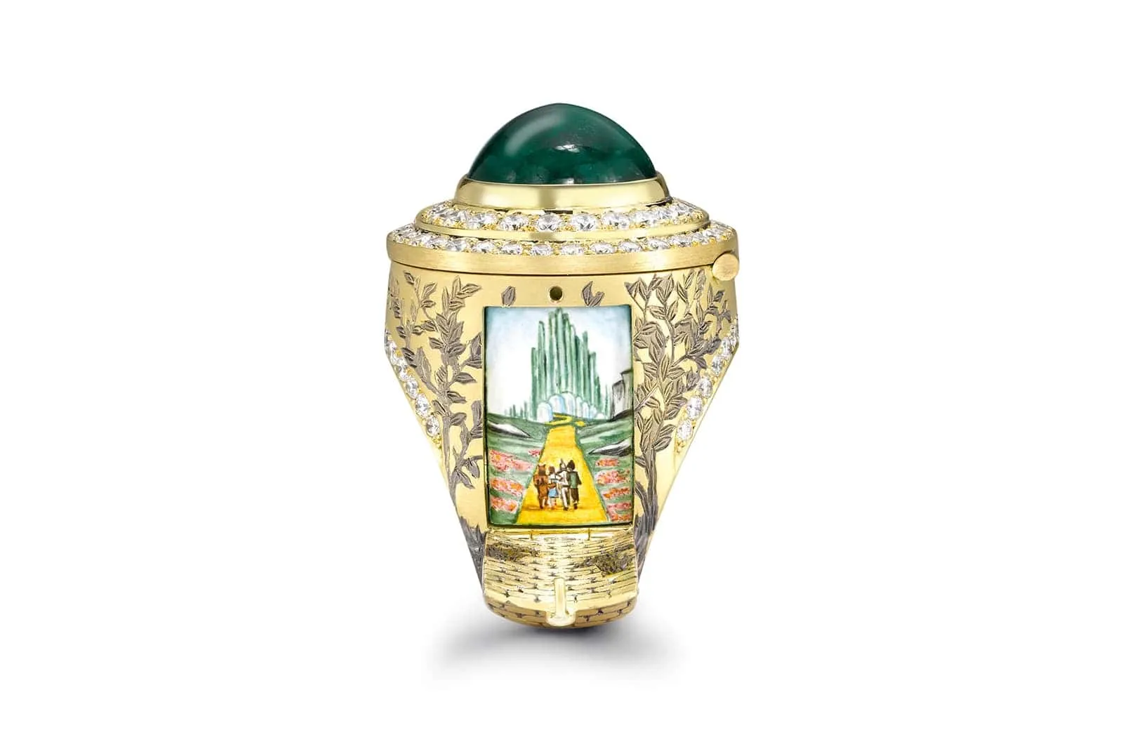 <p>Theo Fennell’s Emerald City opening ring, which open to reveal a miniature enamel painting</p>