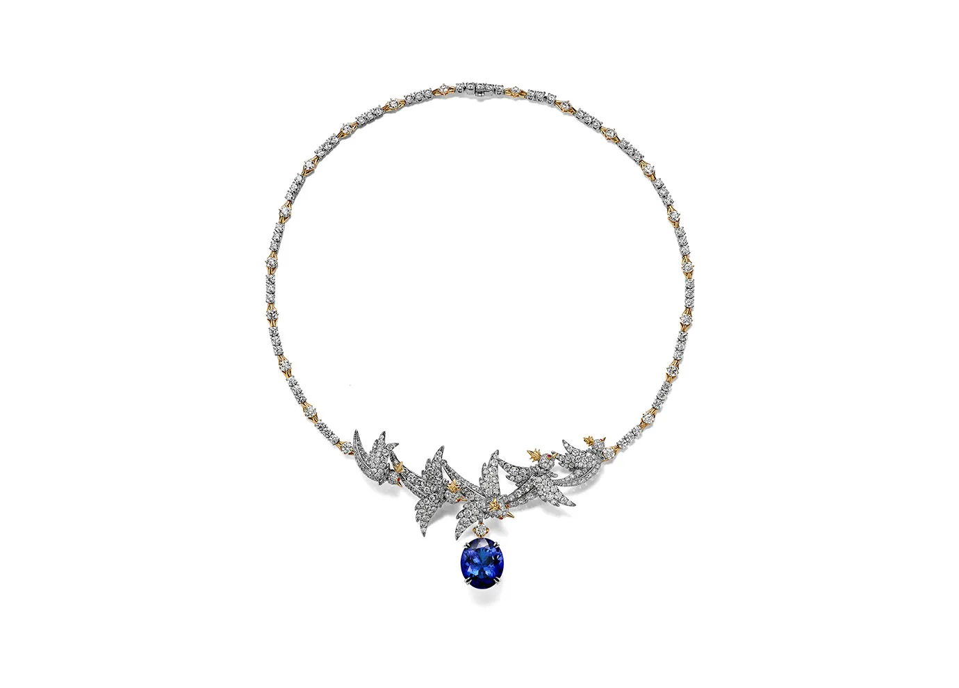 <p>Tiffany &amp; Co. Bird on a Rock high jewellery diamond necklace in platinum and 18k yellow gold, set with a 12 carat oval tanzanite</p>

