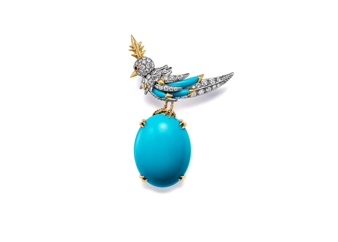 <p>Tiffany &amp; Co. Bird on a Rock brooch in 18k yellow gold and platinum, with a 24 carat cabochon turquoise, diamonds and rubies</p>
