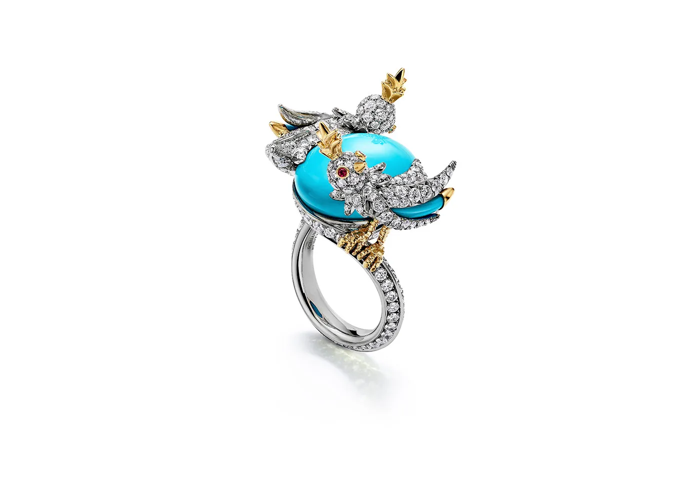 <p>Tiffany &amp; Co. Bird on a Rock wrap ring in 18k yellow gold and platinum, with a 11.50 carat cabochon turquoise, diamonds and rubies</p>
