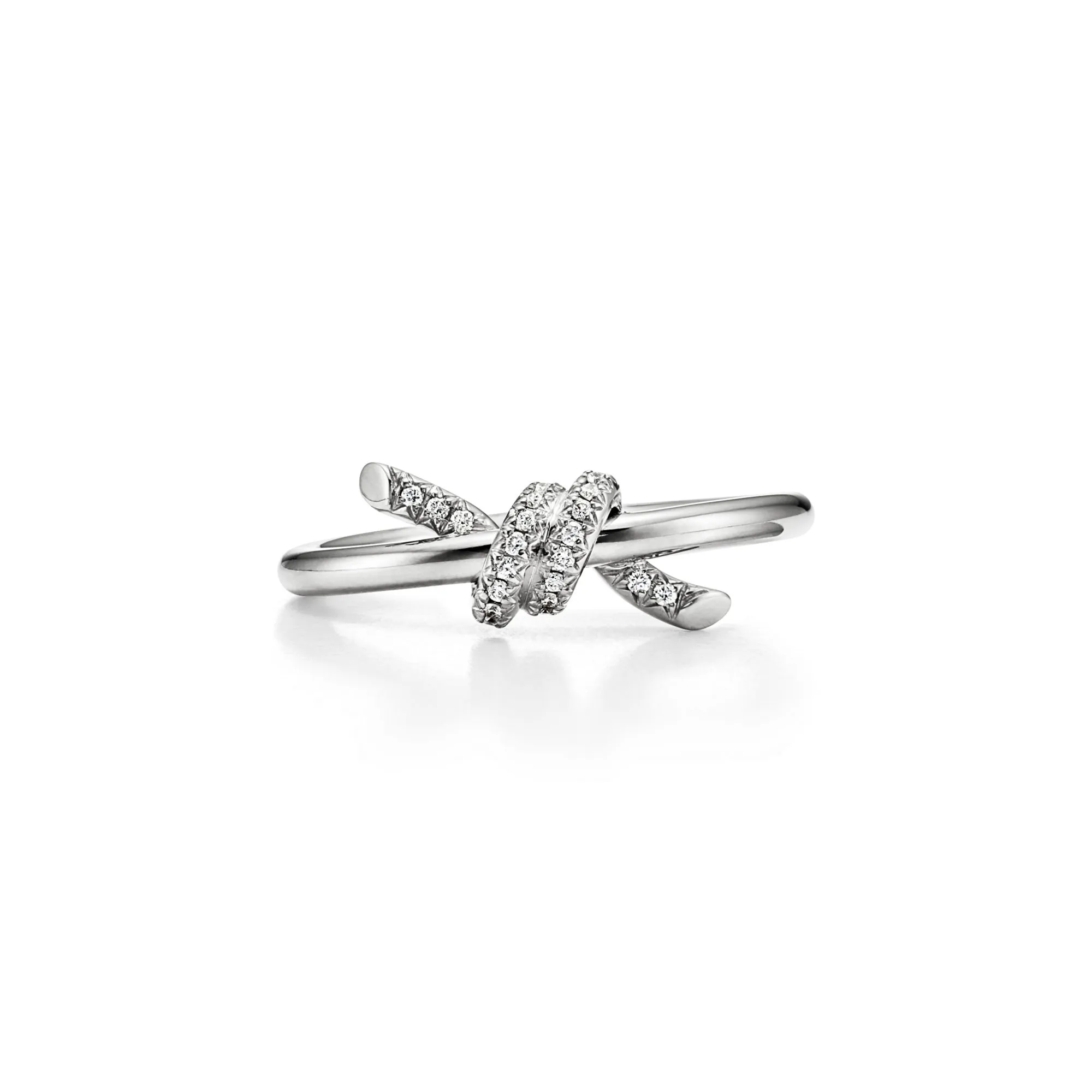 <p>The Tiffany Knot ring in 18K white gold with diamonds is designed to express love’s unwavering bonds.</p>