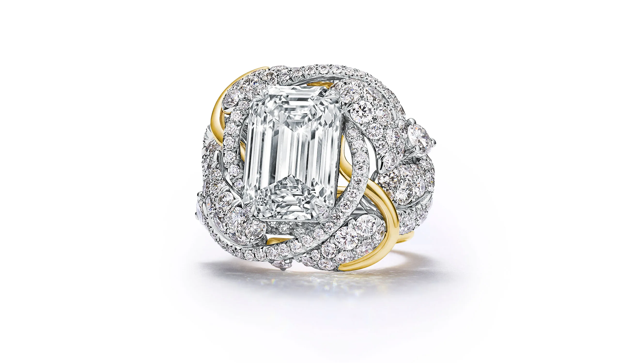<p>Tiffany &amp; Co. Blue Book Hidden Garden Monarch ring in platinum and 18k yellow gold with an 8.13ct D colour, internally flawless, Type IIa emerald-cut diamond and diamond accents</p>
