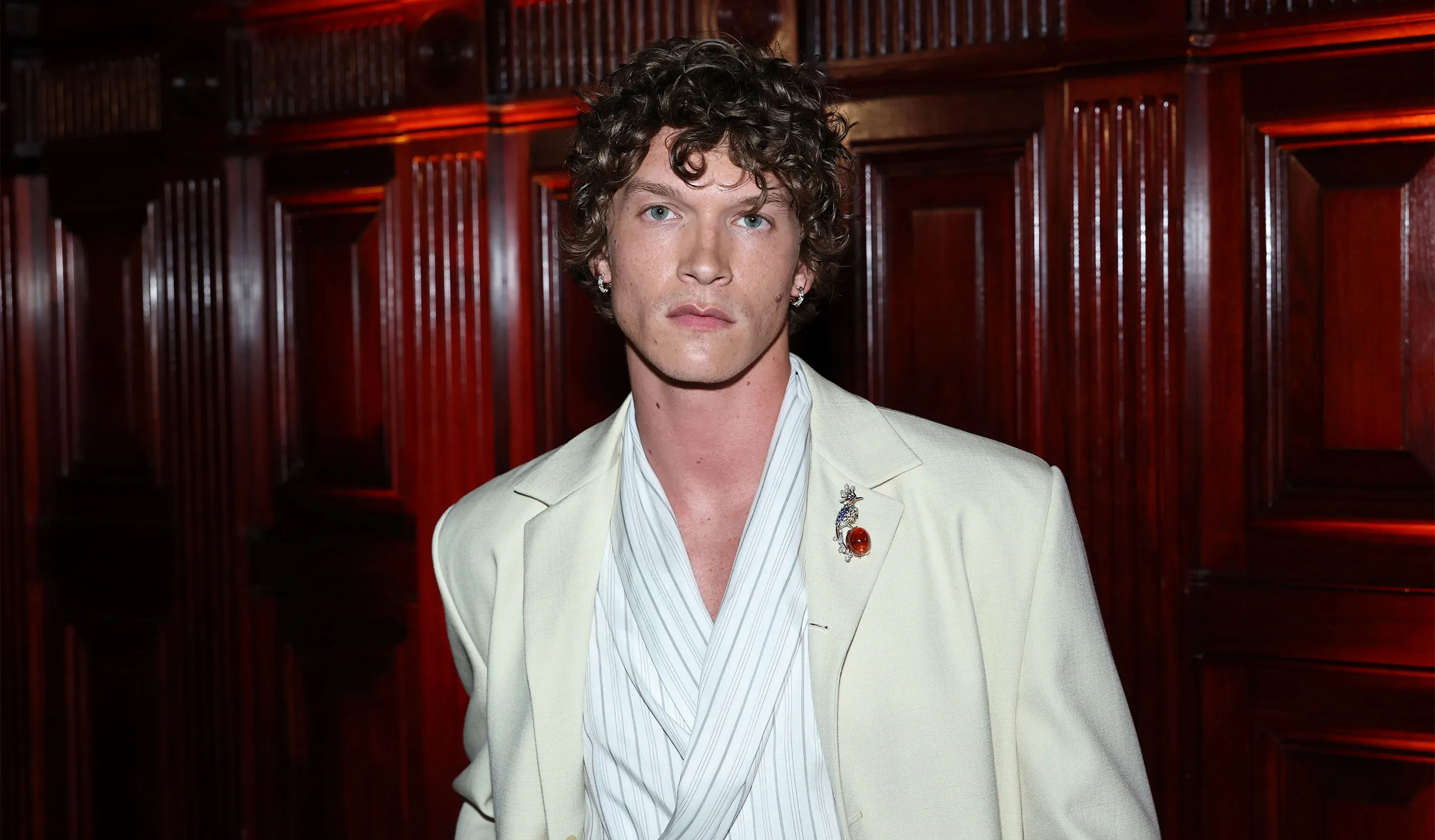 <p>Connor Storie attended the gala in New York wearing one of the new Blue Book: Hidden Garden Bird on a Rock brooches</p>
