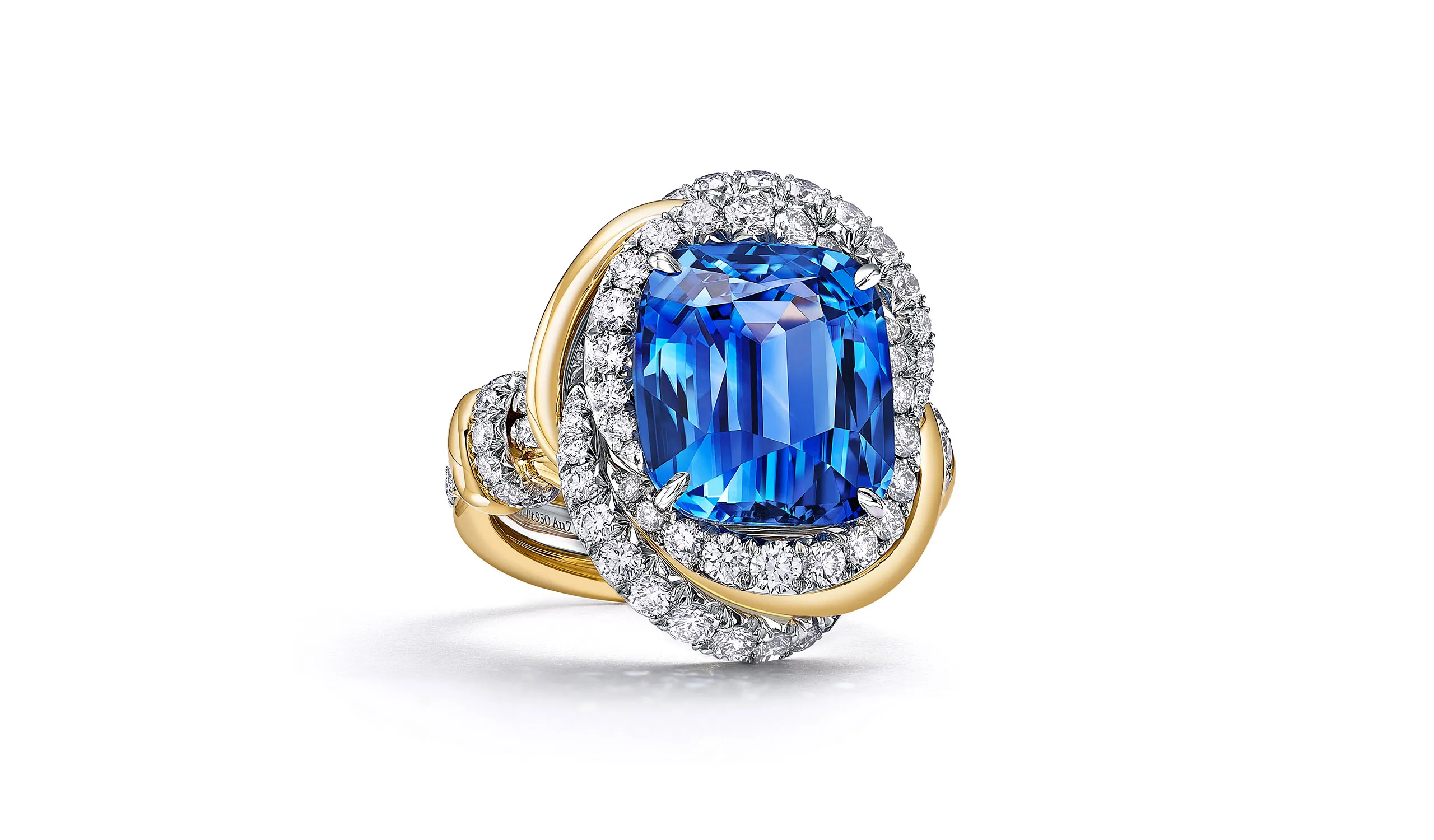 <p>Tiffany &amp; Co. Blue Book Hidden Garden Monarch ring in platinum and 18k yellow gold with a 10.83ct unenhanced cushion-cut sapphire and diamonds</p>
